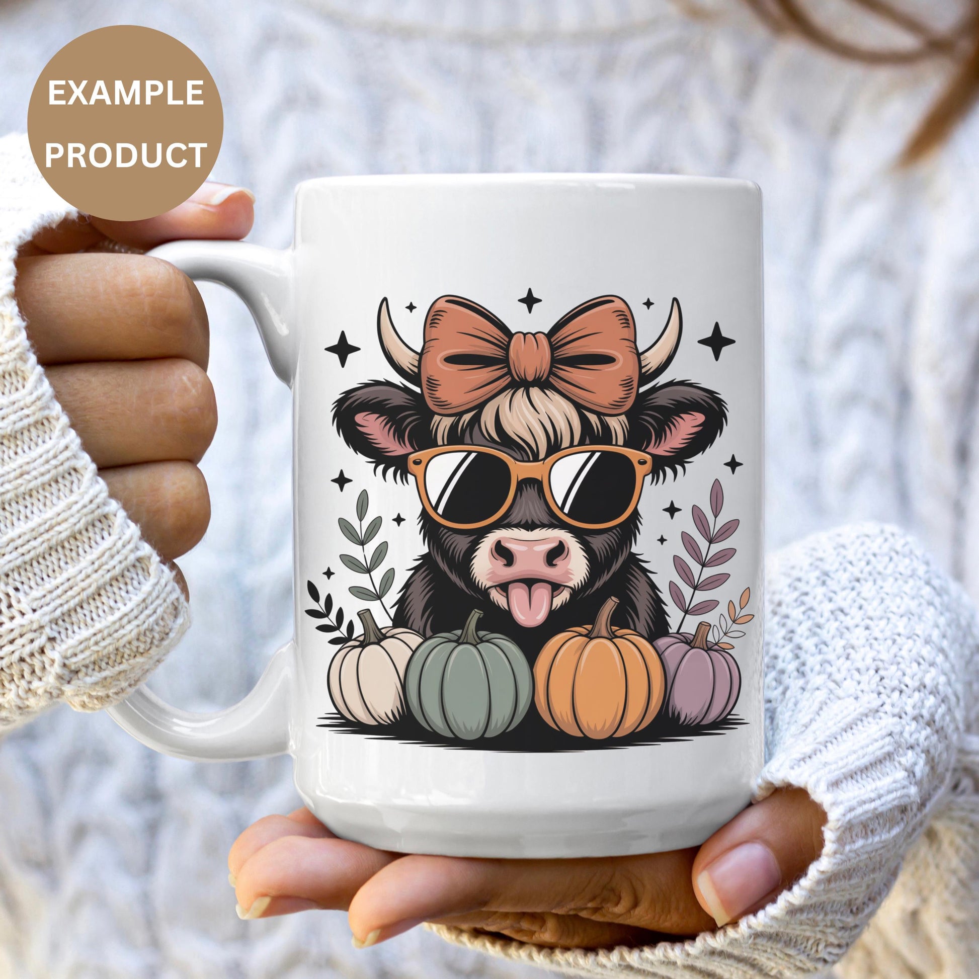 Cute Highland Cow Mug with Pumpkins and Sunglasses, Fall Coffee Cup, Autumn Kitchen Decor, Farmhouse Style Drinkware