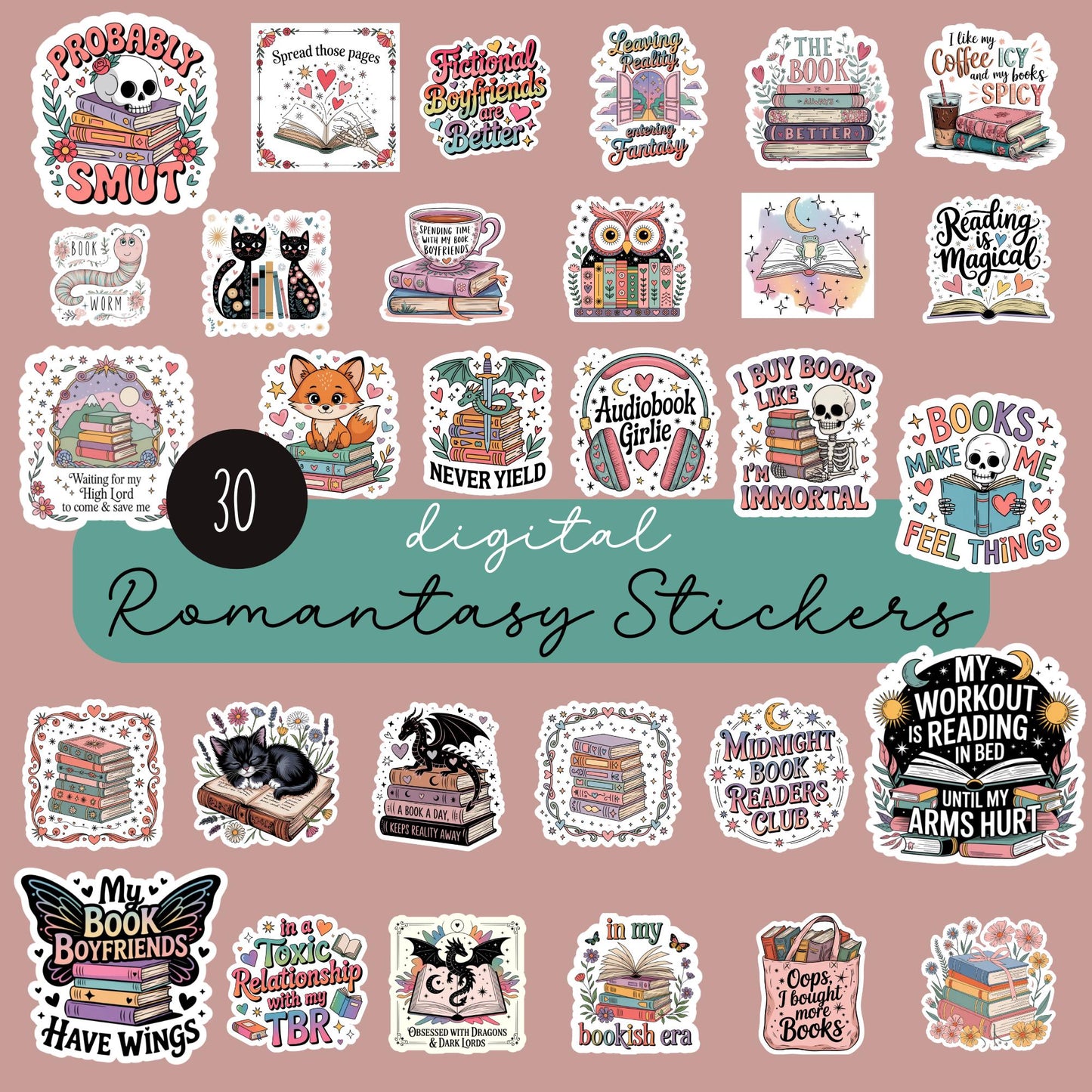Digital Romance Fantasy Stickers Pack, Bookish Themes, Cute Waterproof, Laptop Decals, Planner Accessories