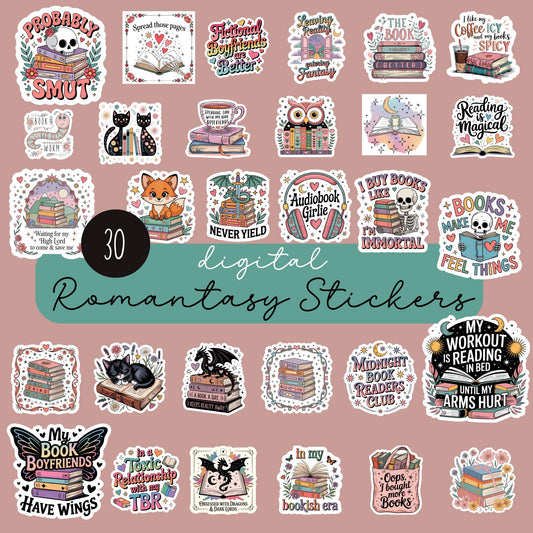 Digital Romance Fantasy Stickers Pack, Bookish Themes, Cute Waterproof, Laptop Decals, Planner Accessories