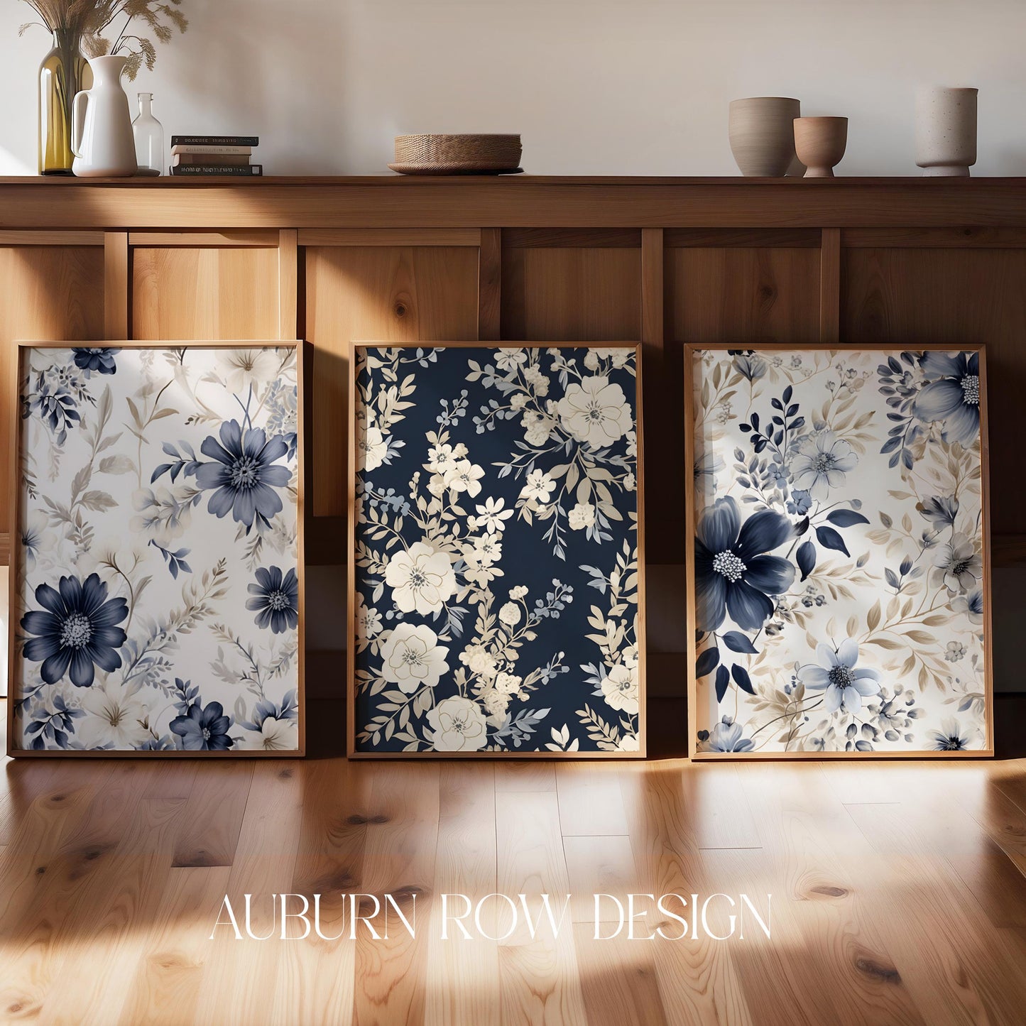 Floral Pattern Wall Art Prints, Navy Blue and White Home Decor, Modern Botanical Artwork Set of Three