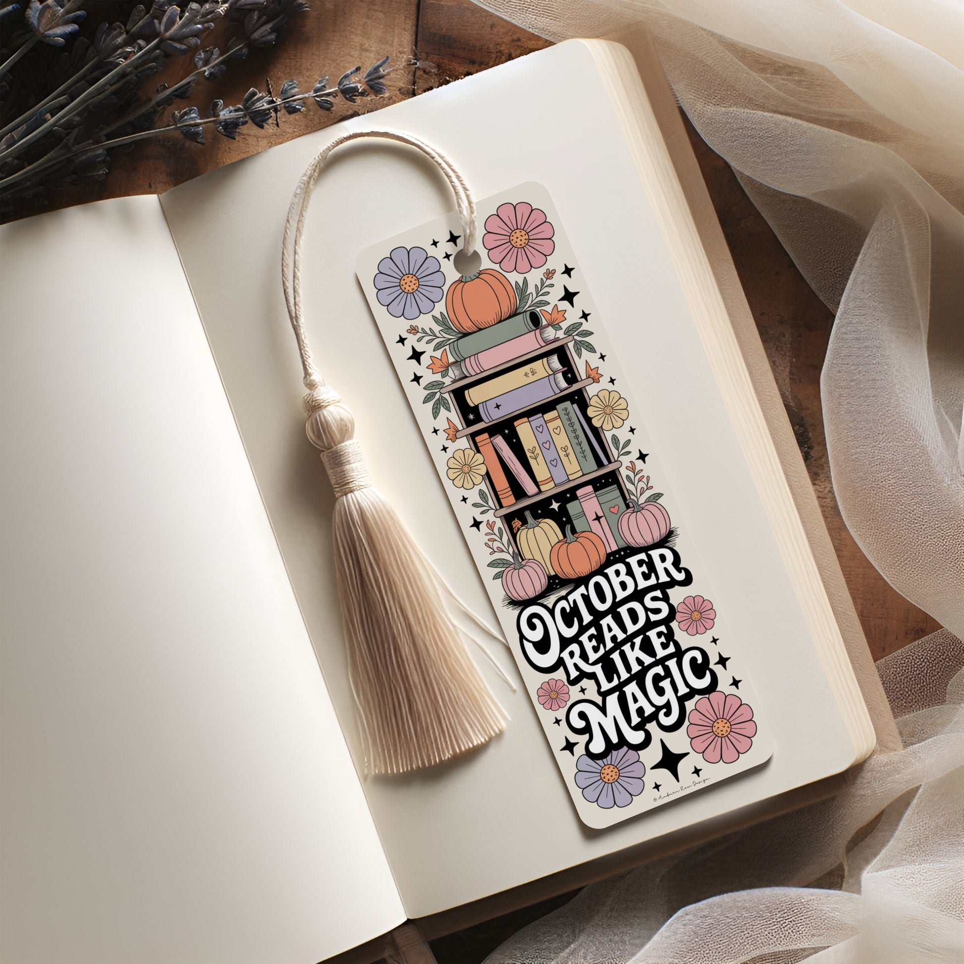October Reads Like Magic Bookmark, Floral Lavender Design, Wooden Tassel Bookmark for Book Lovers and Readers