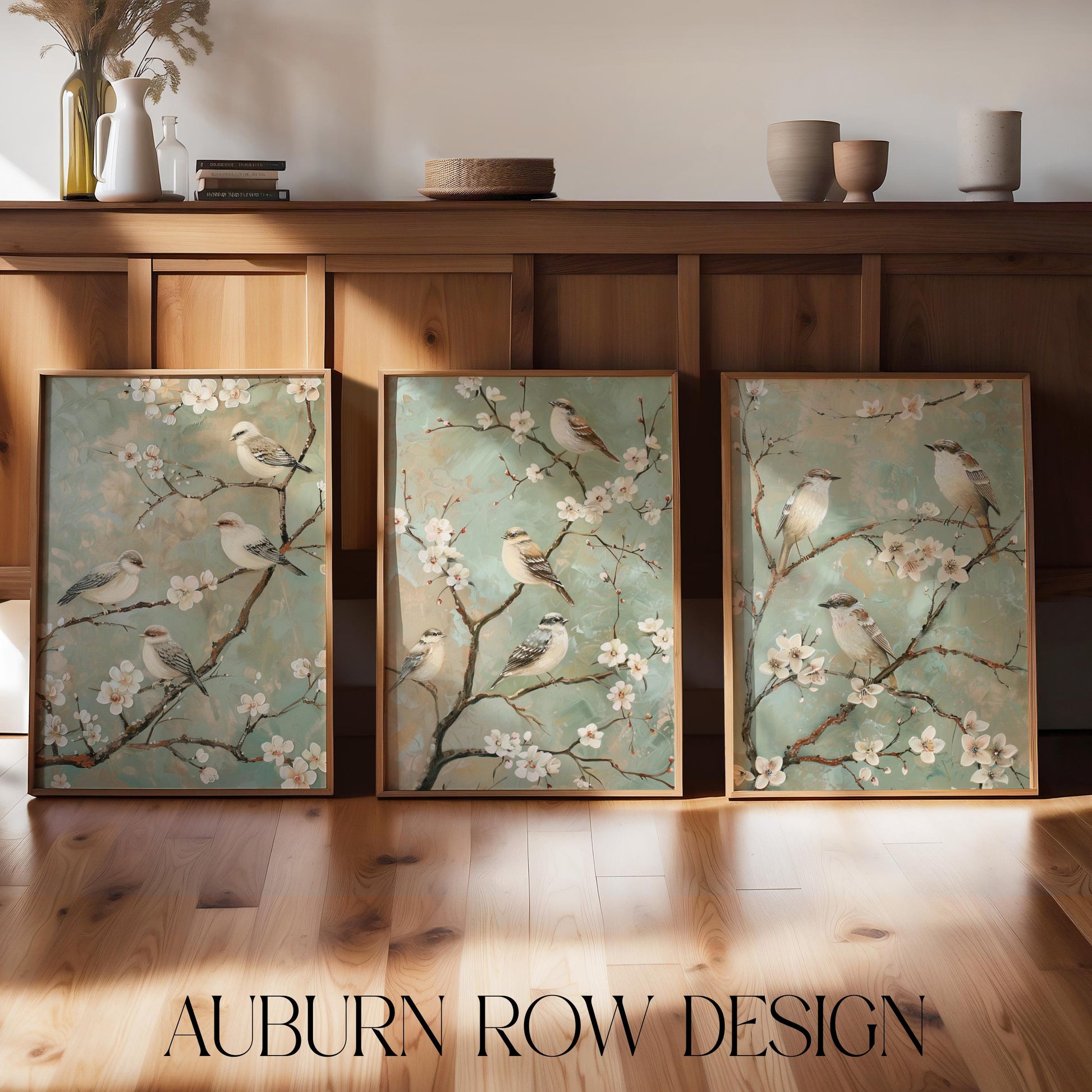 Elegant Bird and Blossom Wall Art, Soft Teal Floral Canvas Print, Home Decor Set of Three Panels