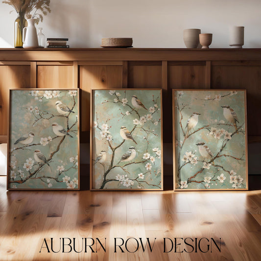 Elegant Bird and Blossom Wall Art, Soft Teal Floral Canvas Print, Home Decor Set of Three Panels