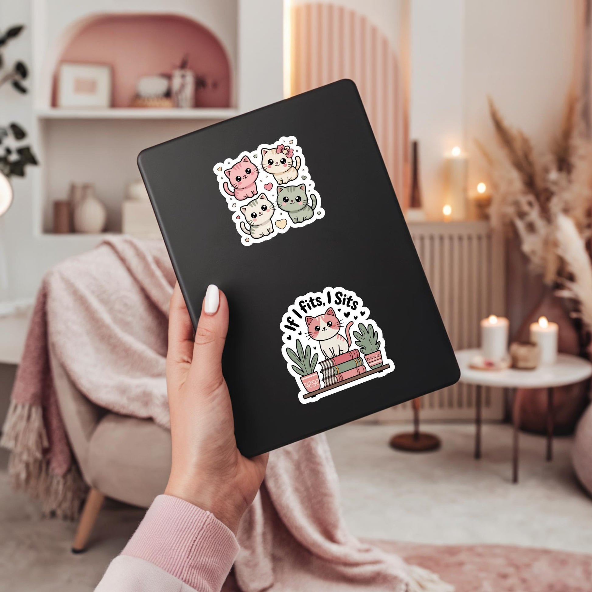 Cute Cat Stickers Notebook, Black Journal, Kawaii Cat and Plant Decals, Gift for Cat Lovers, Trendy Stationery