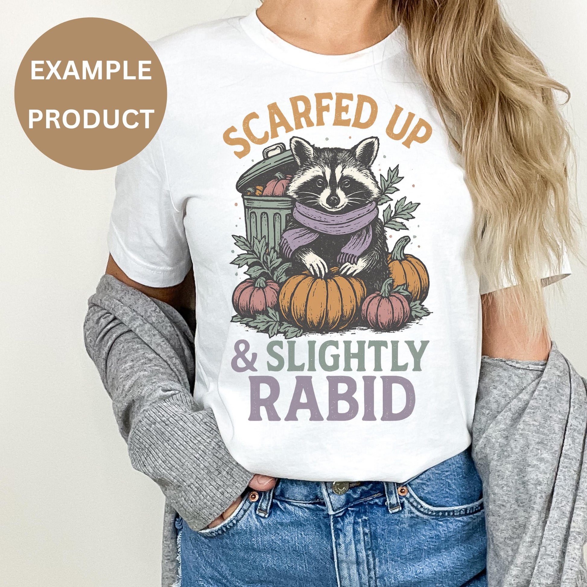 Women's Fall Theme Raccoon T-Shirt, Scarfed Up and Slightly Rabid Graphic Tee, Cute Autumn Animal Pumpkin Design Shirt