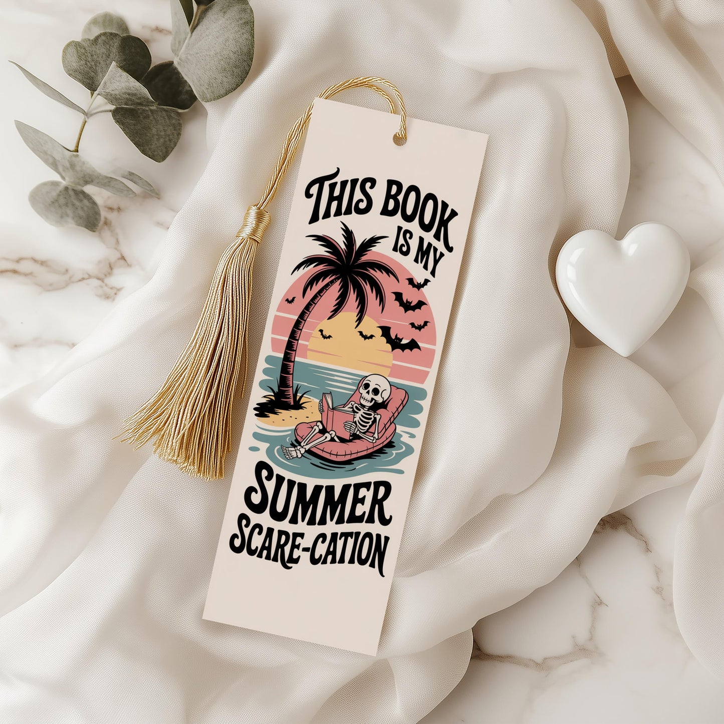 Summer Scare-cation Themed Bookmark, Skeleton on Beach, Palm Tree Design, Reading Accessory with Tassel
