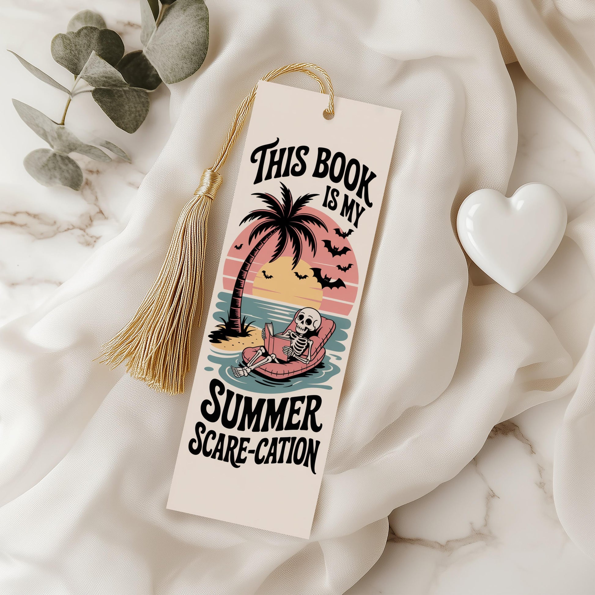 Summer Scare-cation Themed Bookmark, Skeleton on Beach, Palm Tree Design, Reading Accessory with Tassel