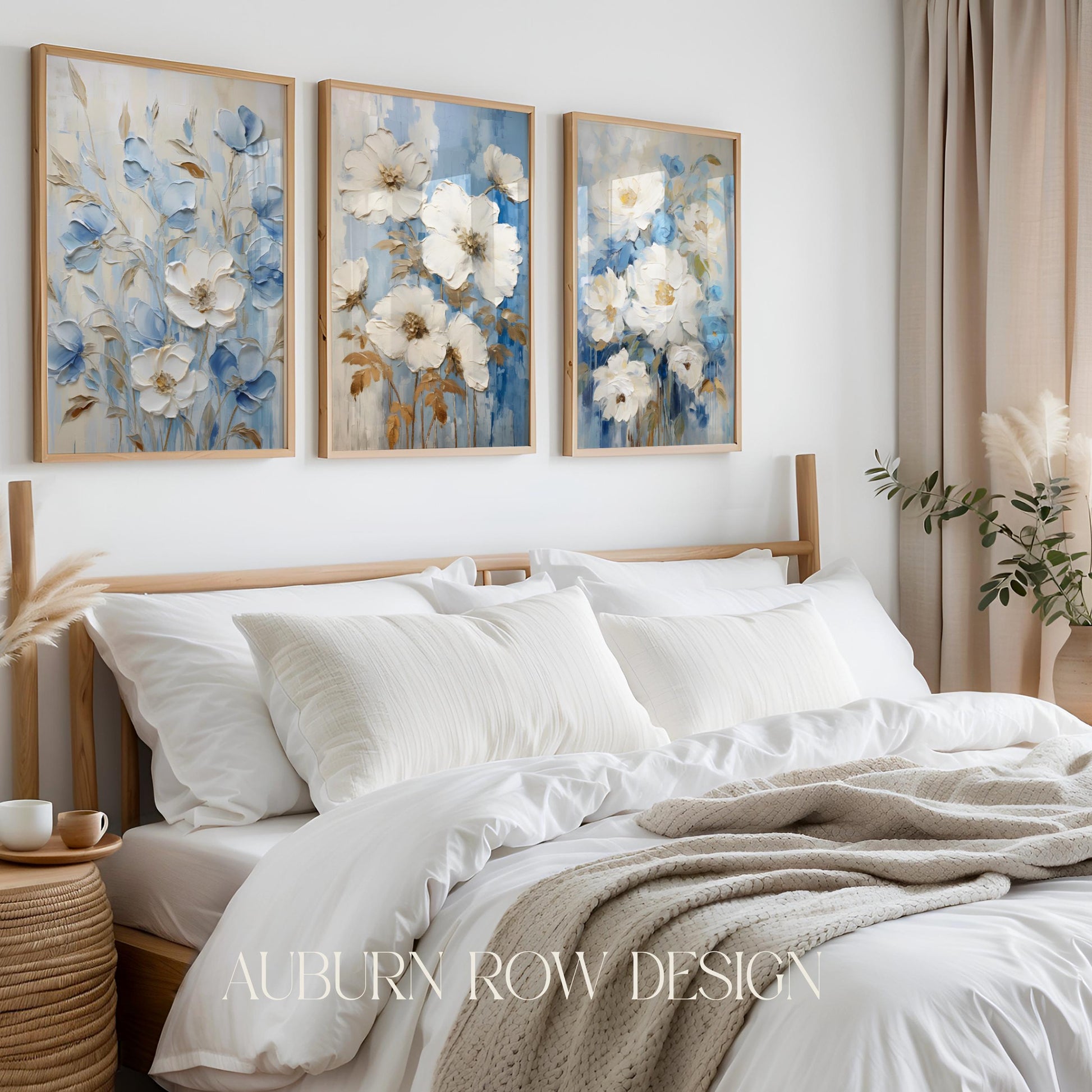 Blue and White Floral Wall Art, Bedroom Decor, Large Canvas Prints, Modern Home Interior Design
