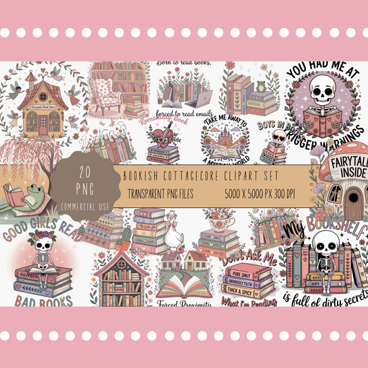 Bookish Cottagecore Clipart Set, PNG Files for Commercial Use, Cute Reading and Fairy Tale Designs
