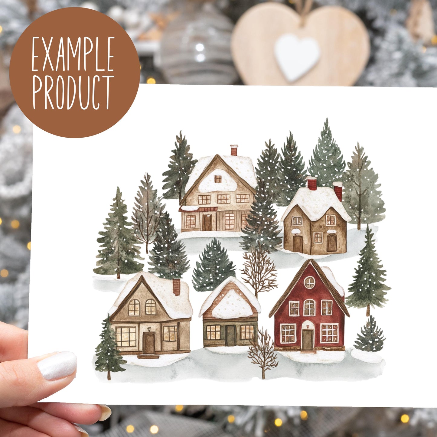 Winter Village Watercolor Print, Snowy Houses Pine Trees Art, Christmas Holiday Home Decor, Rustic Wall Art, Seasonal Gift Idea