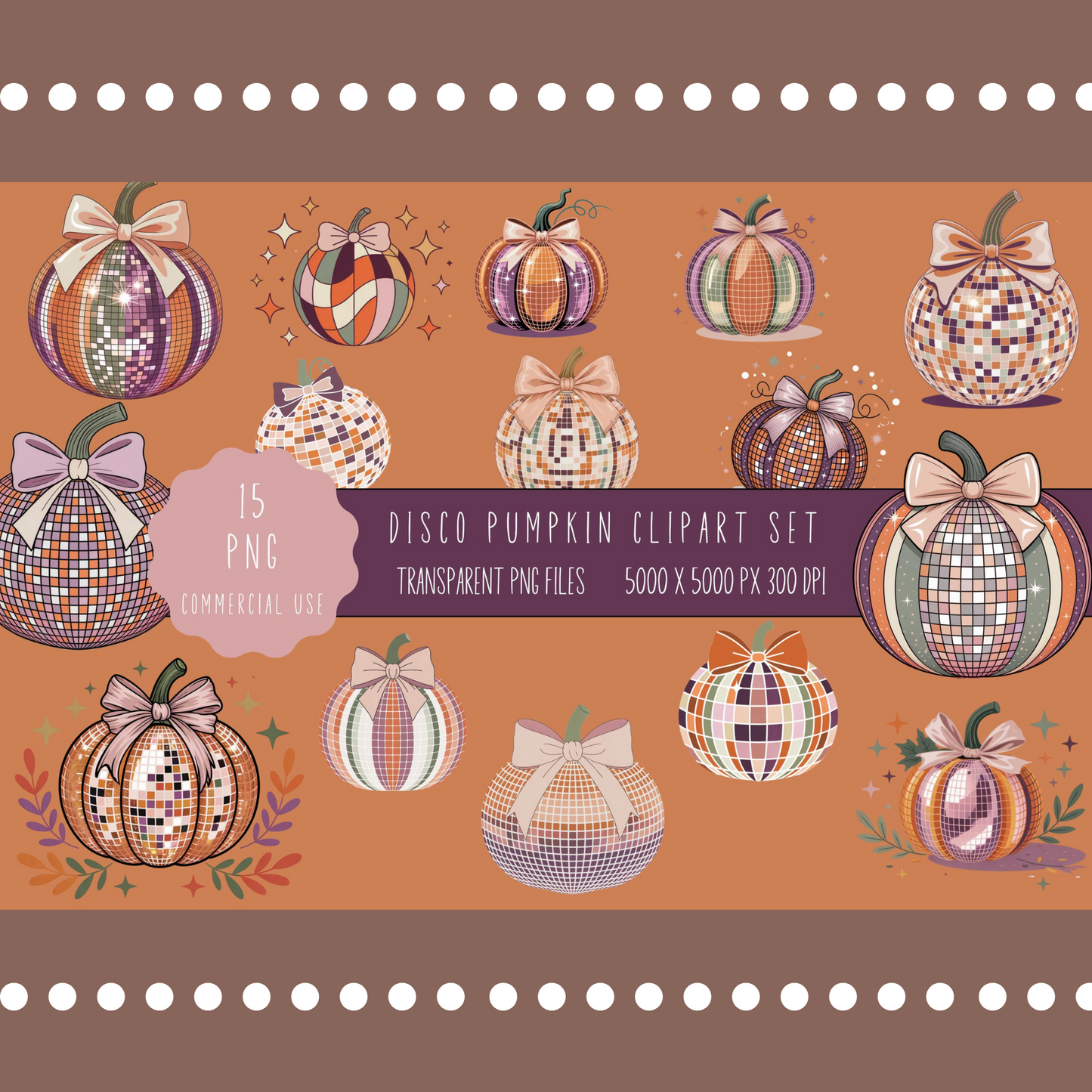 Autumn Disco Pumpkin Clipart Set, Fall Digital Patterns, Halloween Checkered Design, Thanksgiving Crafts, Downloadable Files