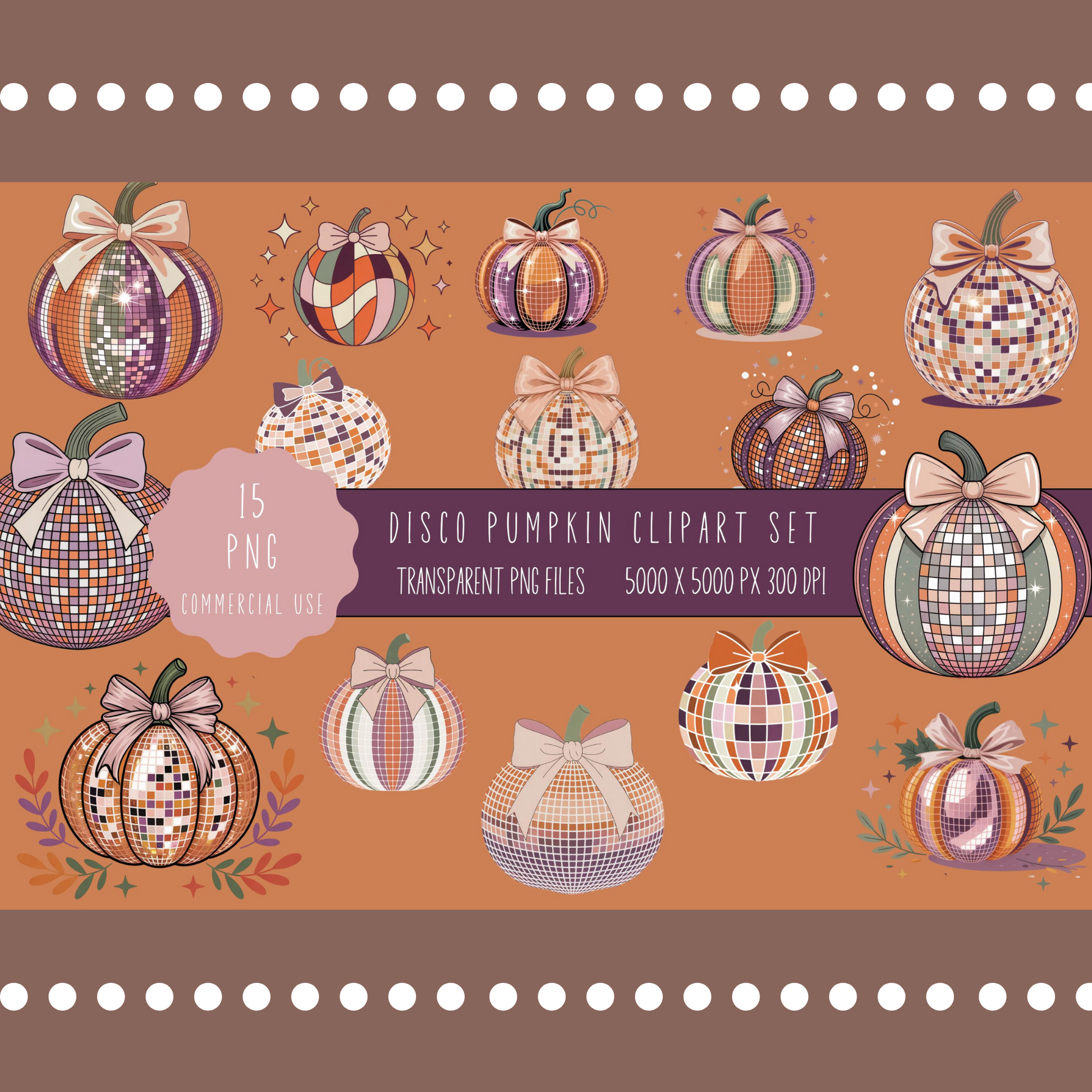 Autumn Disco Pumpkin Clipart Set, Fall Digital Patterns, Halloween Checkered Design, Thanksgiving Crafts, Downloadable Files