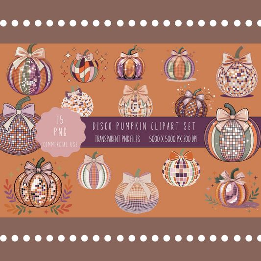 Autumn Disco Pumpkin Clipart Set, Fall Digital Patterns, Halloween Checkered Design, Thanksgiving Crafts, Downloadable Files