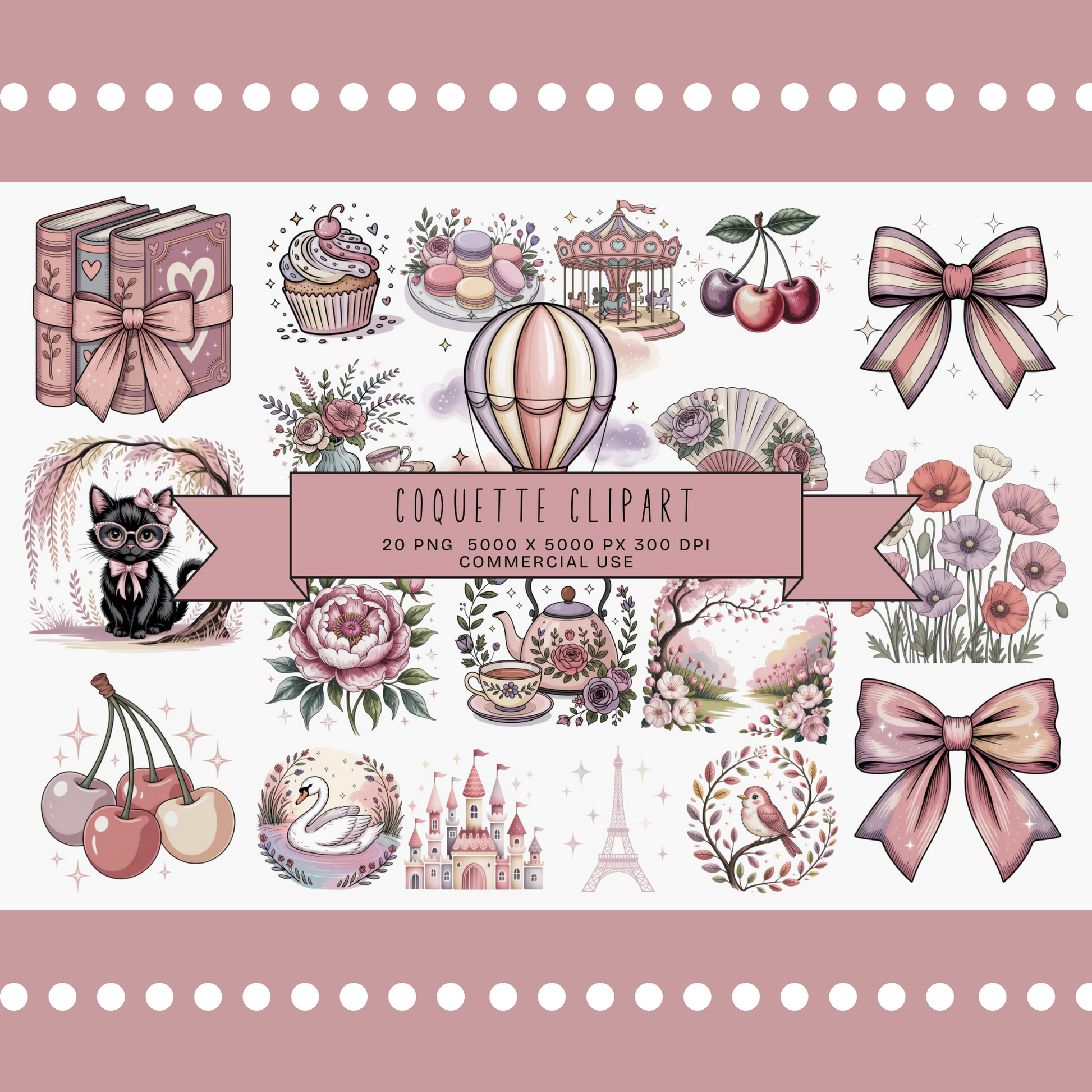 Vintage Style Digital Clipart Set, Paris Chic, Floral, Pastries, Hot Air Balloon, Commercial Use