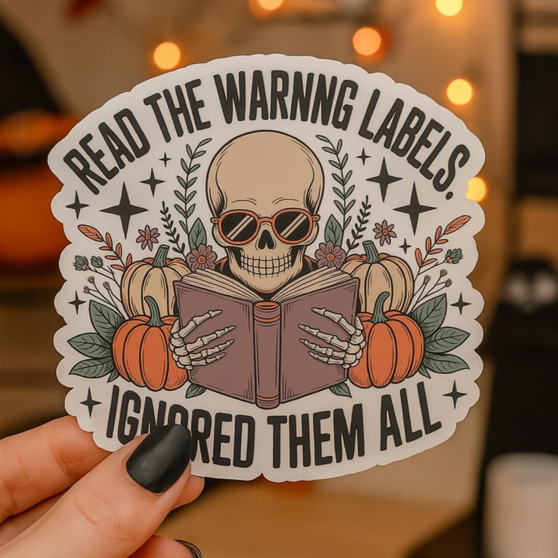 Skull Sticker Reading Book Floral Design Halloween Decorative Vinyl Decal Unique Gift