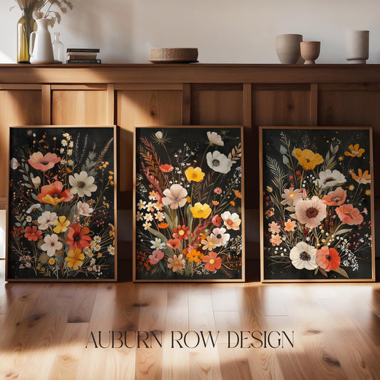 Floral Triptych Wall Art, Black and Floral Print, Modern Home Decor, Elegant Flower Illustration, Large Wall Panels
