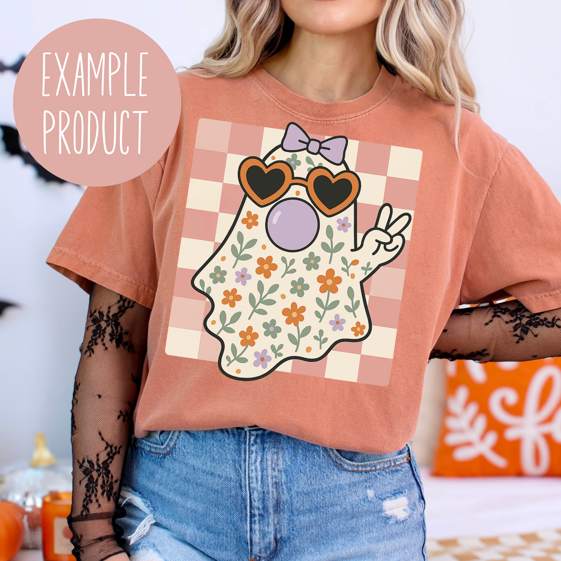 Cute Ghost T-Shirt Women's Floral Ghost Tee Halloween Fall Fashion Casual Graphic Top Cool Ghost with Sunglasses and Bow