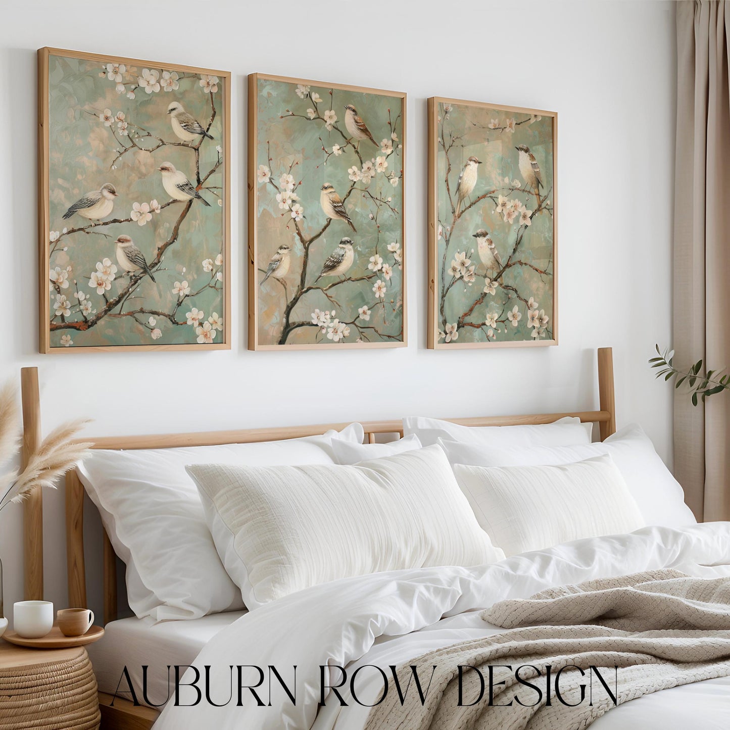 Vintage Floral Wall Art Prints, Tranquil Bedroom Decor, Set of Three Canvas Paintings, Serene Home Design