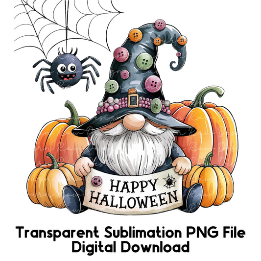 Halloween Gnome Digital Download, Transparent Sublimation PNG, Spooky Pumpkin and Spider Design for Crafts and Shirts