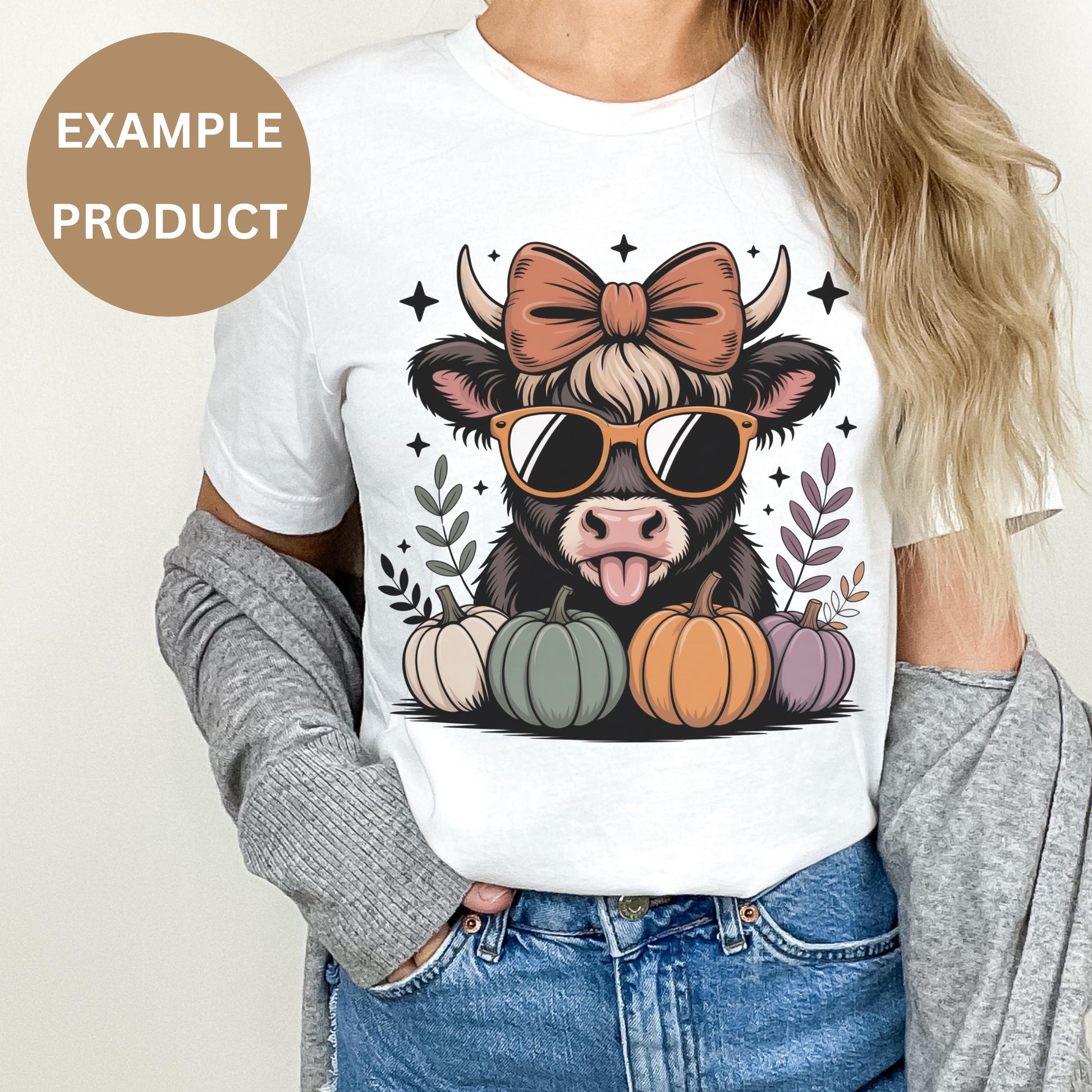 Women's Graphic Tee, Cute Cow with Sunglasses and Pumpkins, Fall Fashion T-Shirt