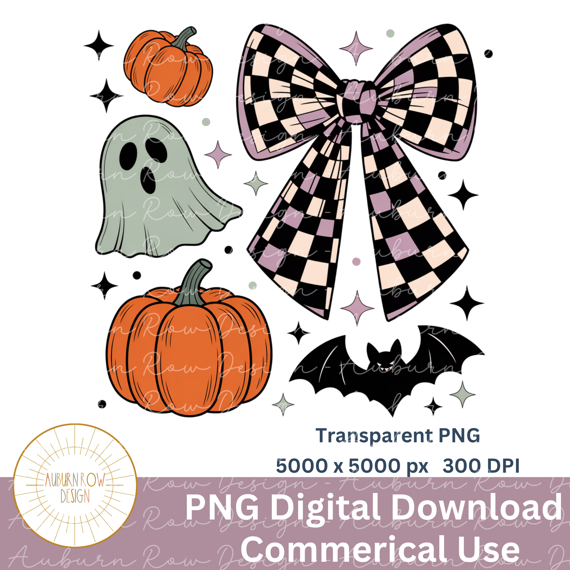 Halloween Clipart Set, Ghost Pumpkin Bat, Buffalo Plaid Bow, Transparent PNG, Digital Download for Commercial Use