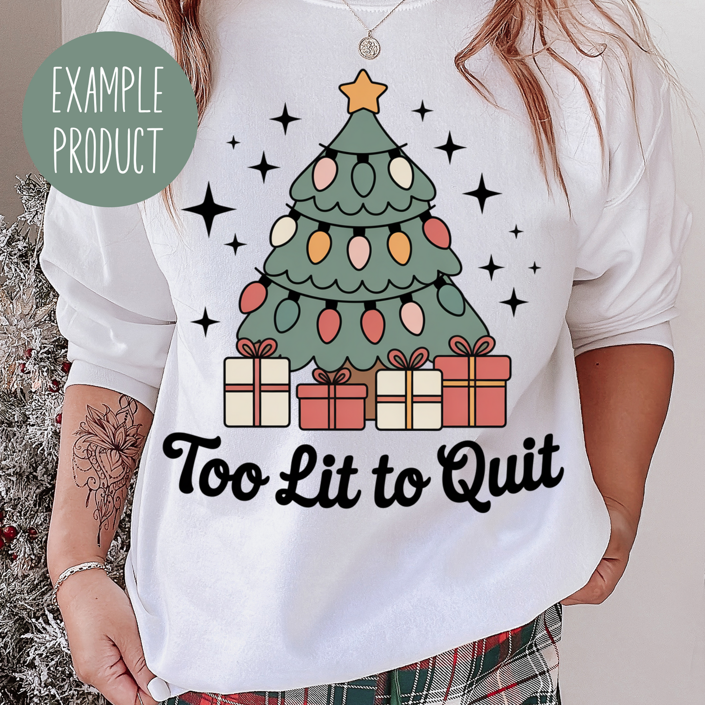 Christmas Tree Graphic T-Shirt, Festive Holiday Tee, Too Lit to Quit, Women's Casual Top with Gifts and Stars