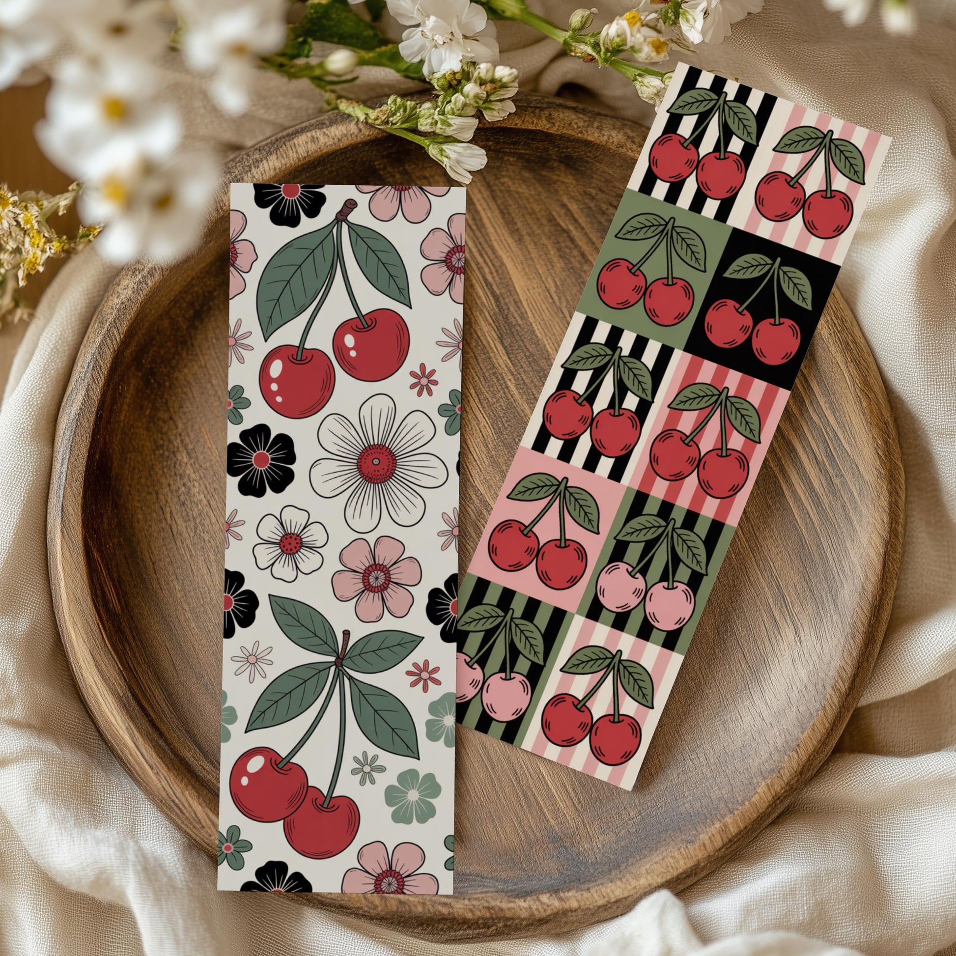 Cherry and Floral Pattern Bookmarks, Cute Fruit Design, Black Pink Green, Spring Reading Accessory