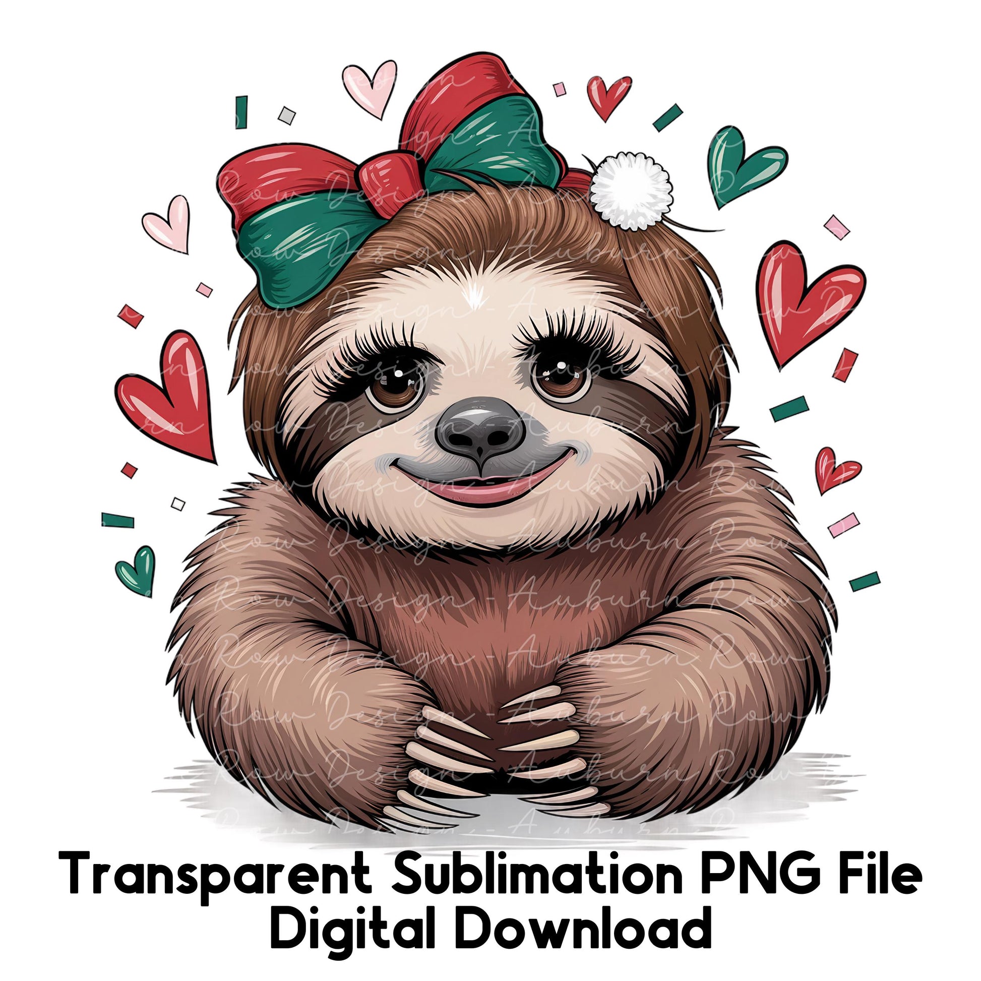 Cute Christmas Sloth Clipart, Transparent Sublimation PNG, Digital Download, Festive Holiday Graphics, Animal Illustration with Bow
