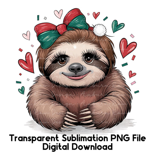 Cute Christmas Sloth Clipart, Transparent Sublimation PNG, Digital Download, Festive Holiday Graphics, Animal Illustration with Bow