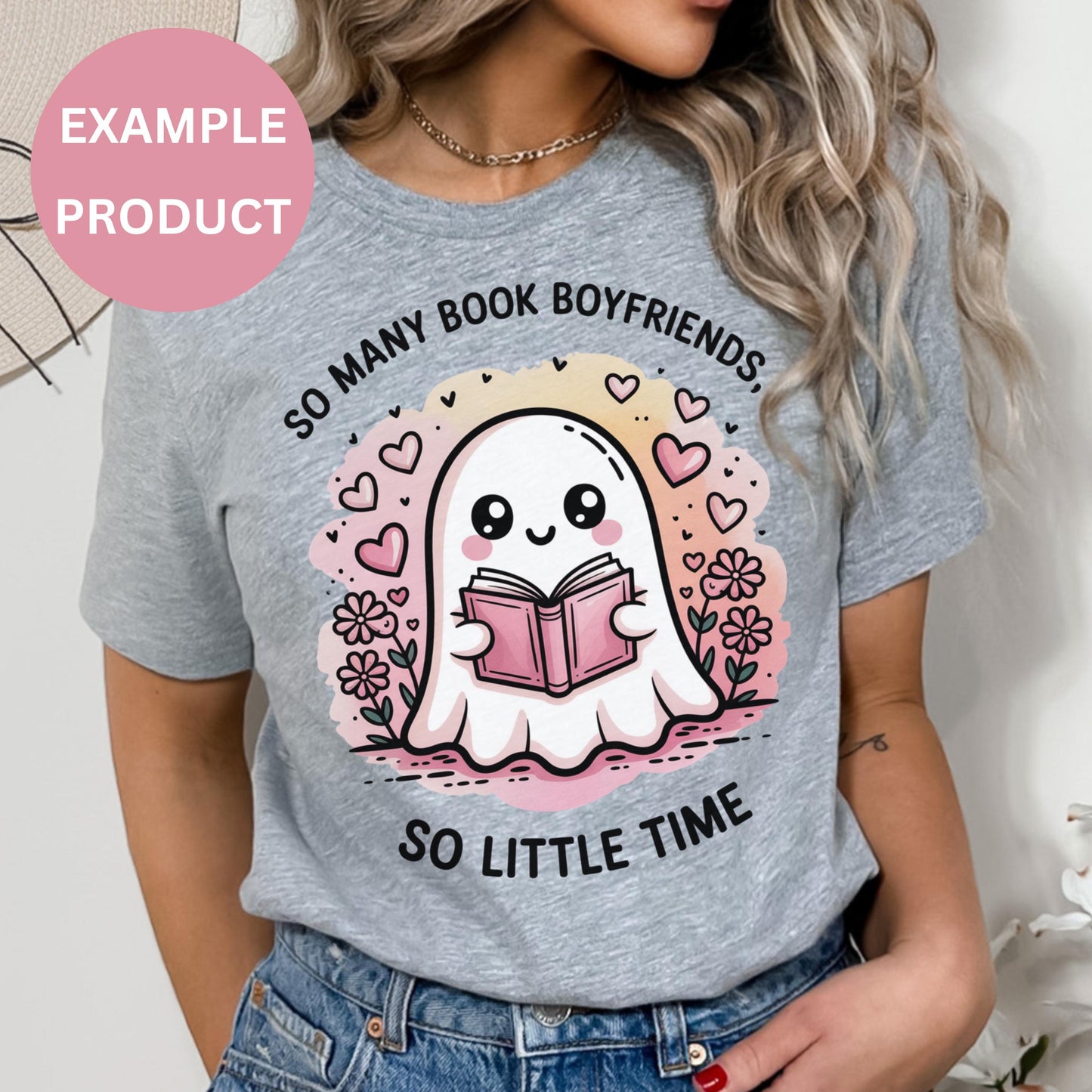 Women's Cute Ghost Reading Book T-Shirt, Funny Book Lover Graphic Tee, Casual Pink and Grey Top, Gift for Readers and Bibliophiles