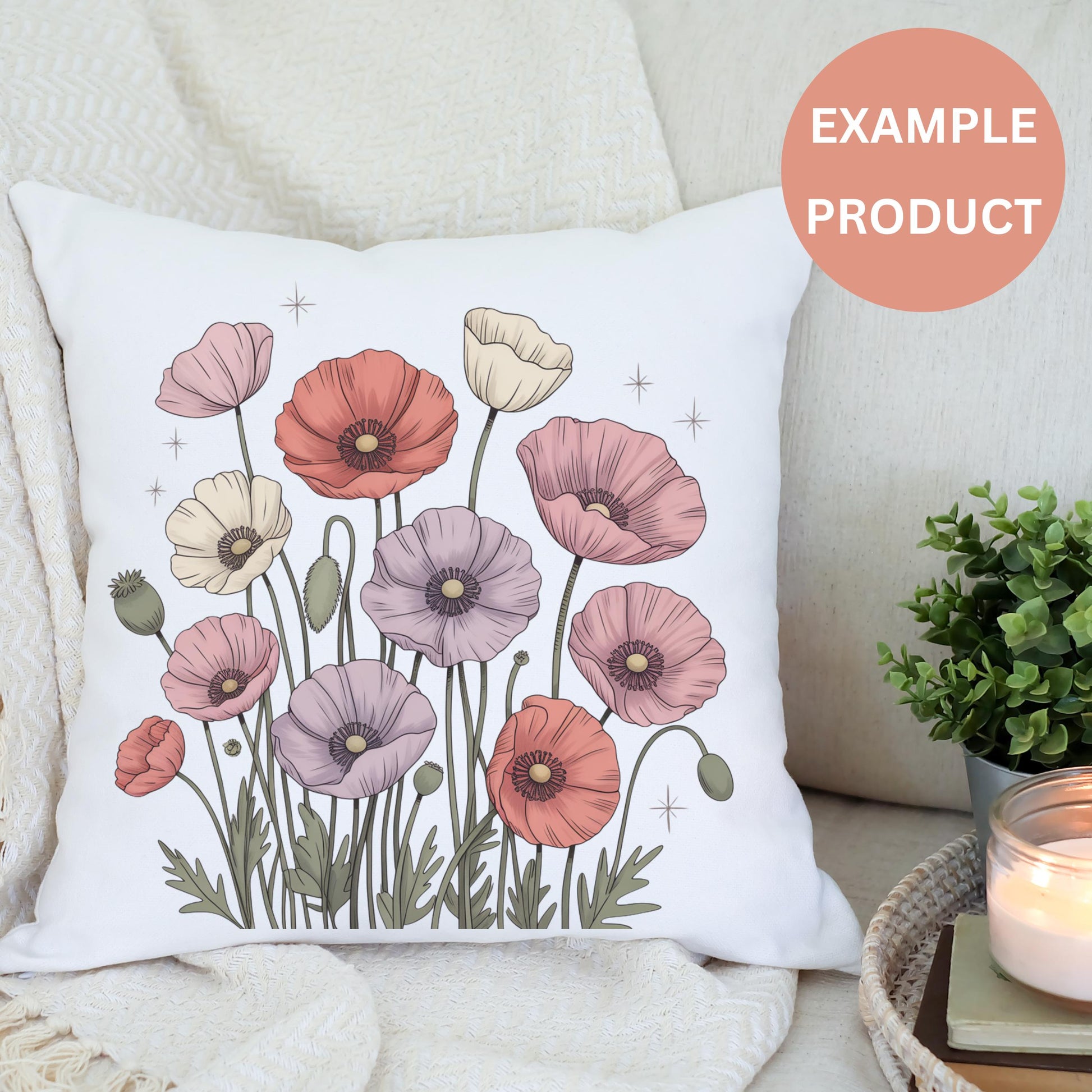 Floral Throw Pillow Cover Decorative Sofa Cushion Botanical Poppy Design Cozy Home Decor Gift Idea