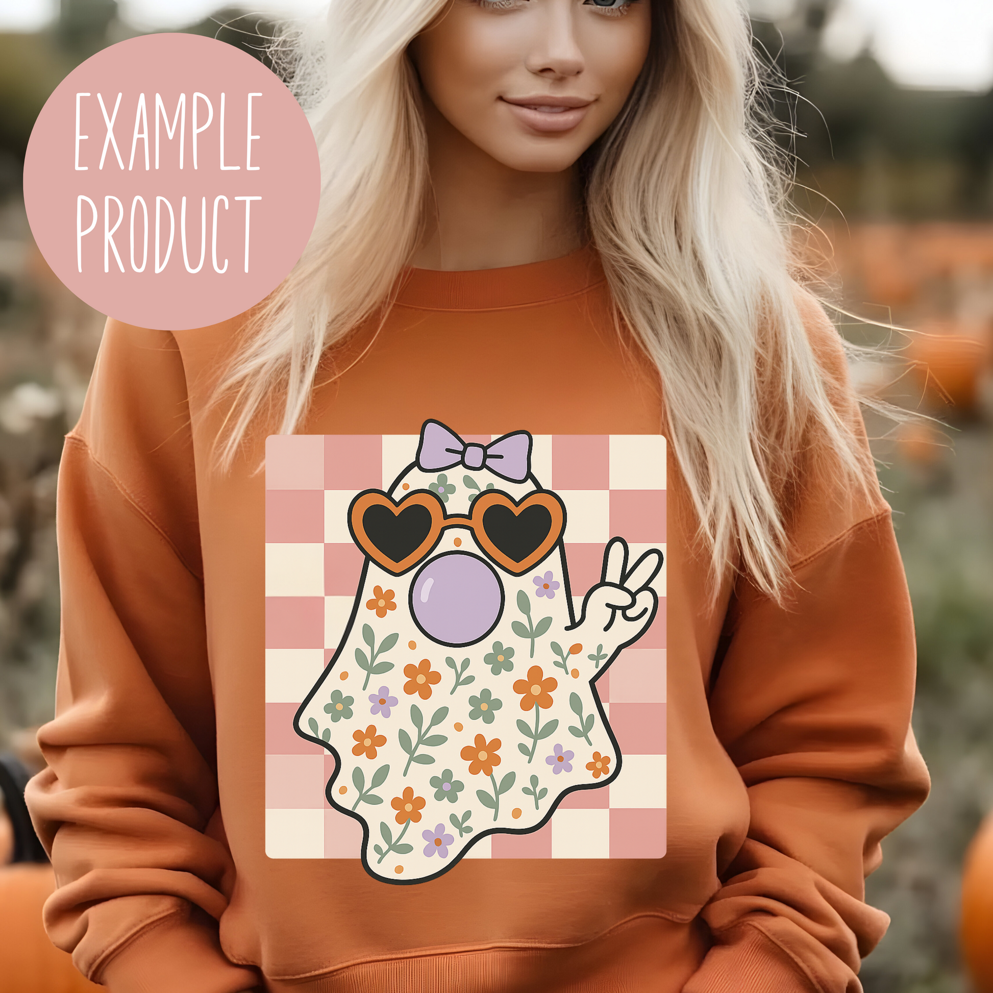 Cute Cartoon Ghost Sweater, Autumn Floral Design, Orange Pullover, Women's Fall Fashion Top