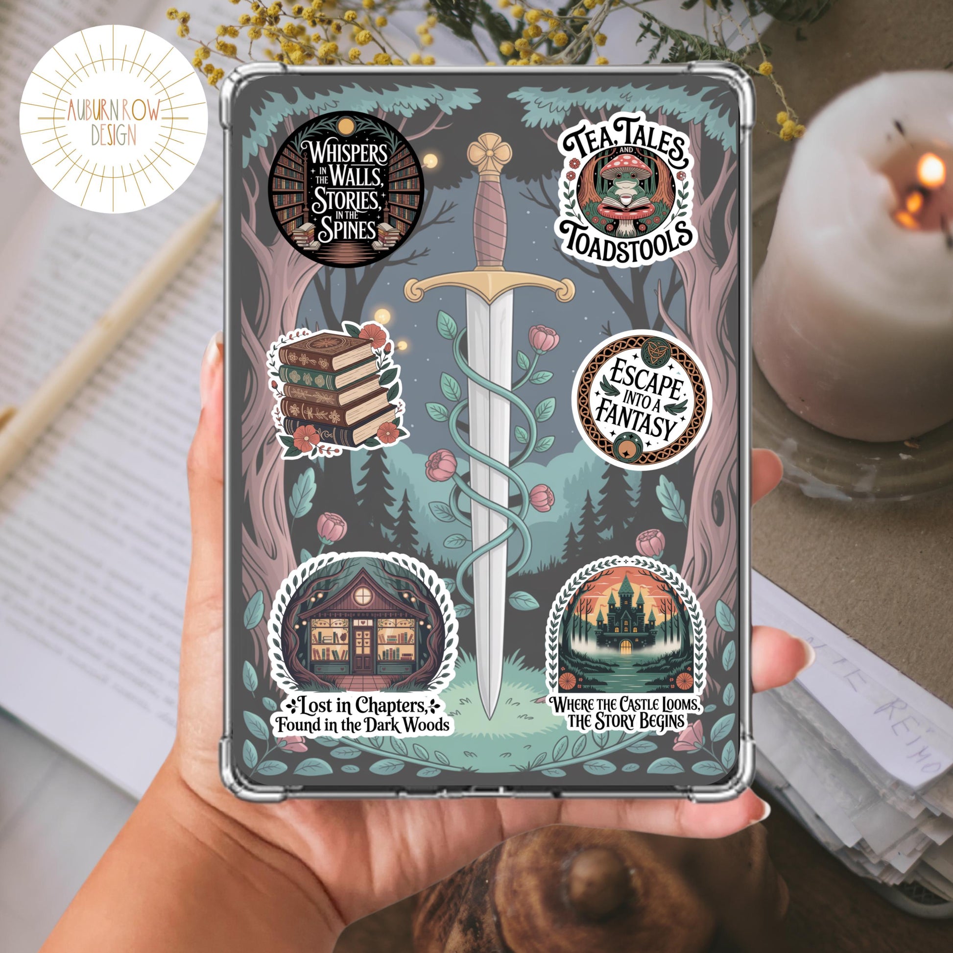 Enchanted Forest Themed Tablet Case, Whimsical Book and Toadstool Design, Fantasy Protective Cover