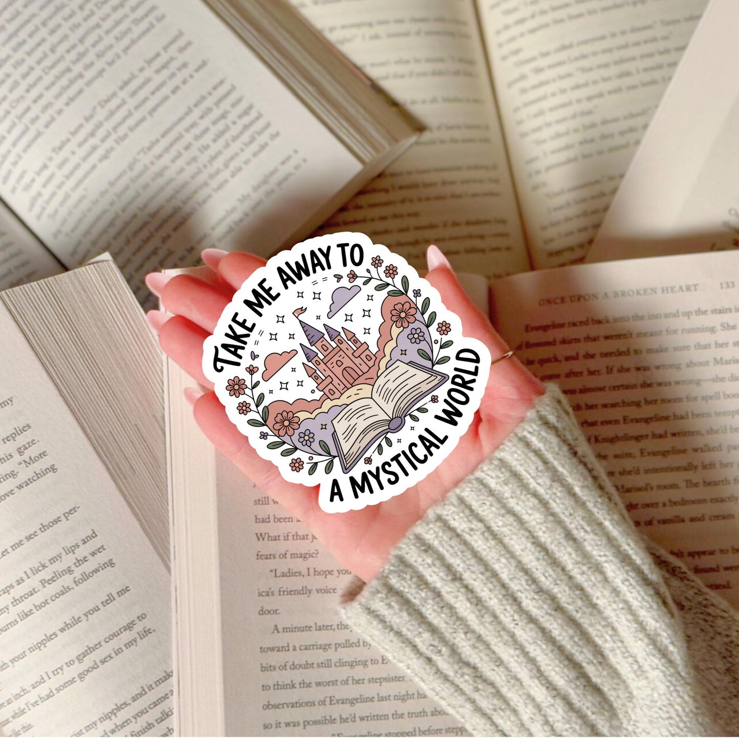 Mystical World Book Lover Sticker, Fantasy Travel Decal, Reading Enthusiast Gift, Dreamy Bookish Art, Waterproof Vinyl Sticker for Laptop