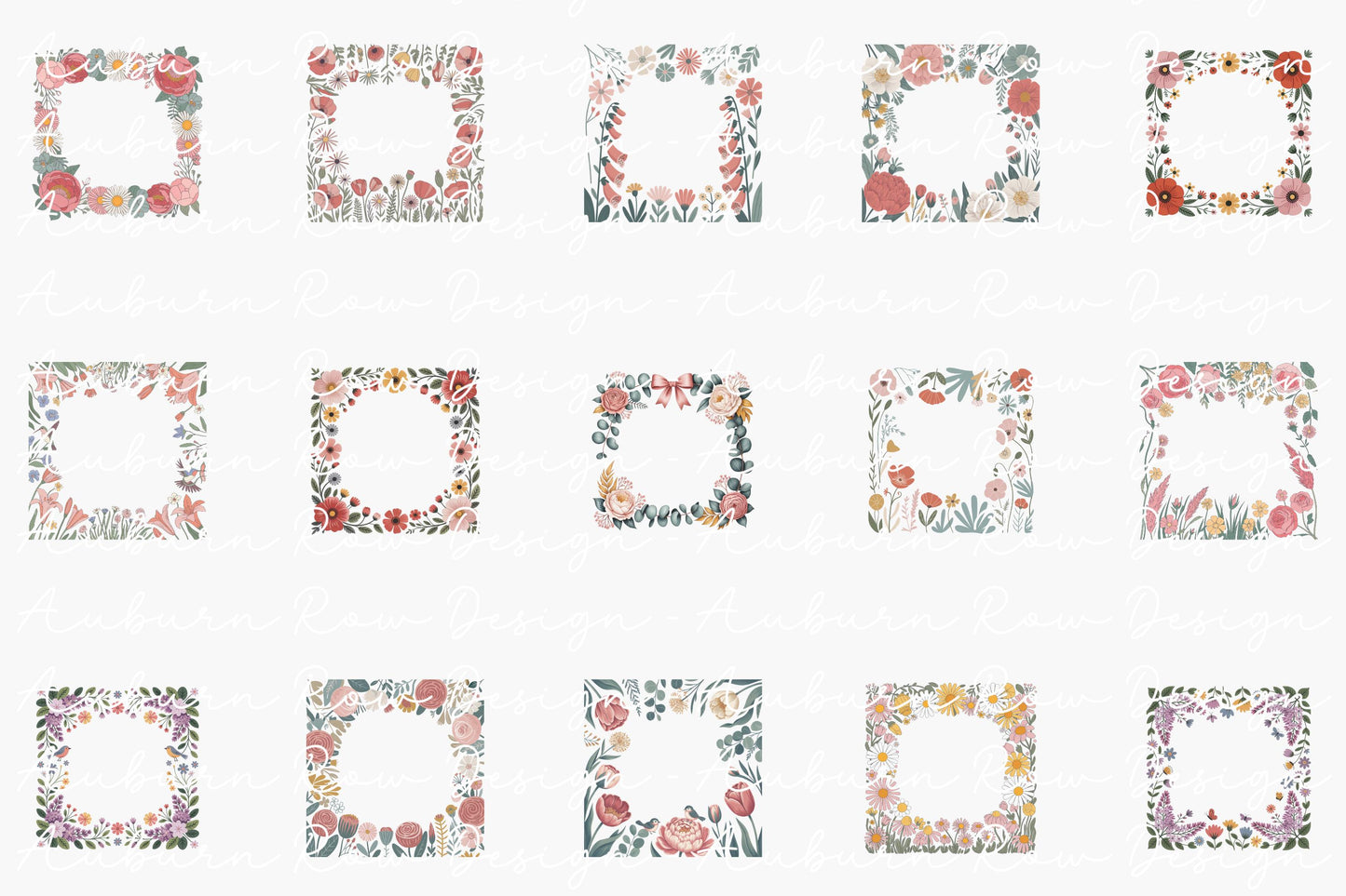 Floral Frame Clipart Set, Watercolor Flower Border PNG, Digital Download for Invitations and Crafts
