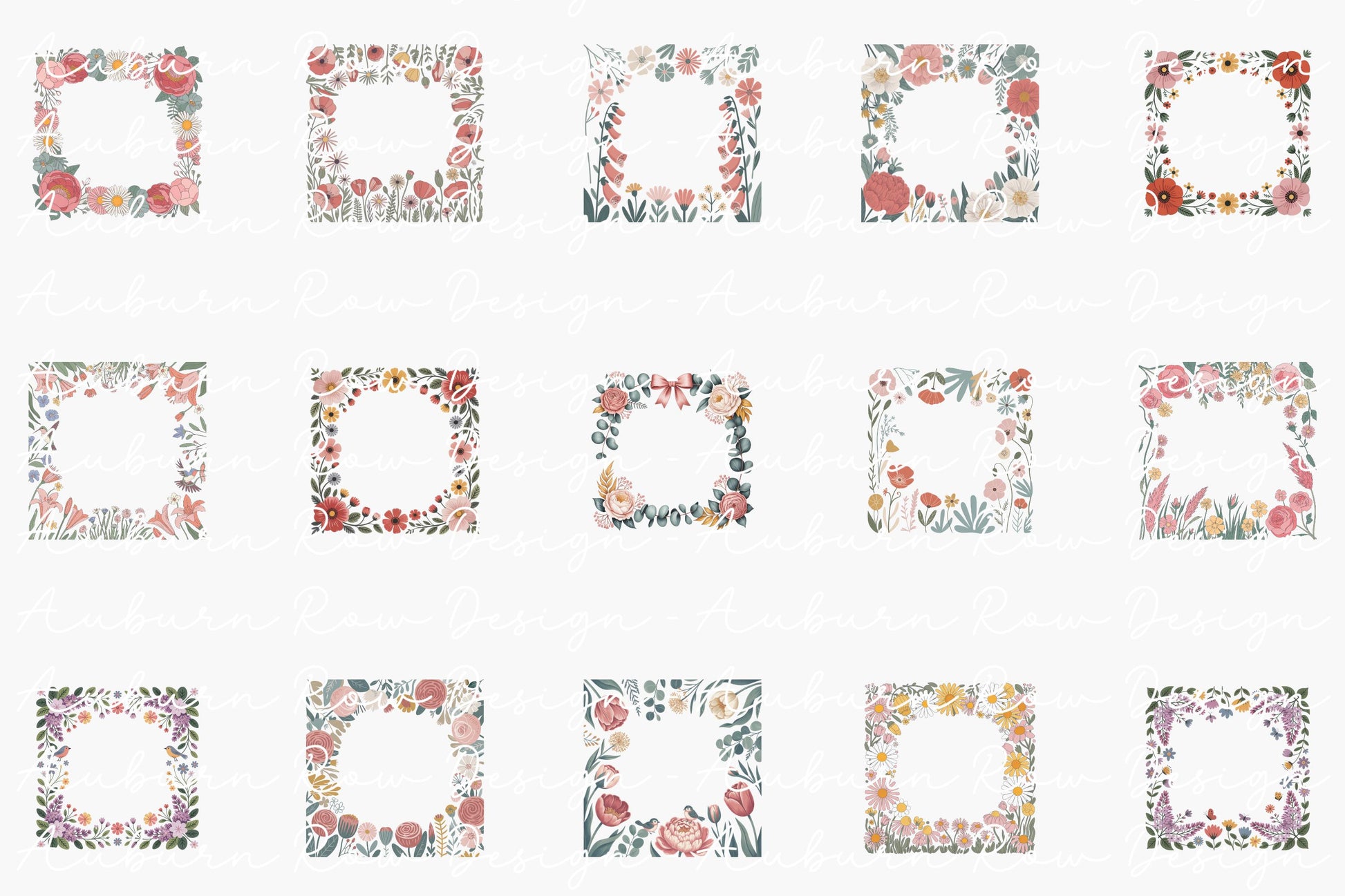 Floral Frame Clipart Set, Watercolor Flower Border PNG, Digital Download for Invitations and Crafts
