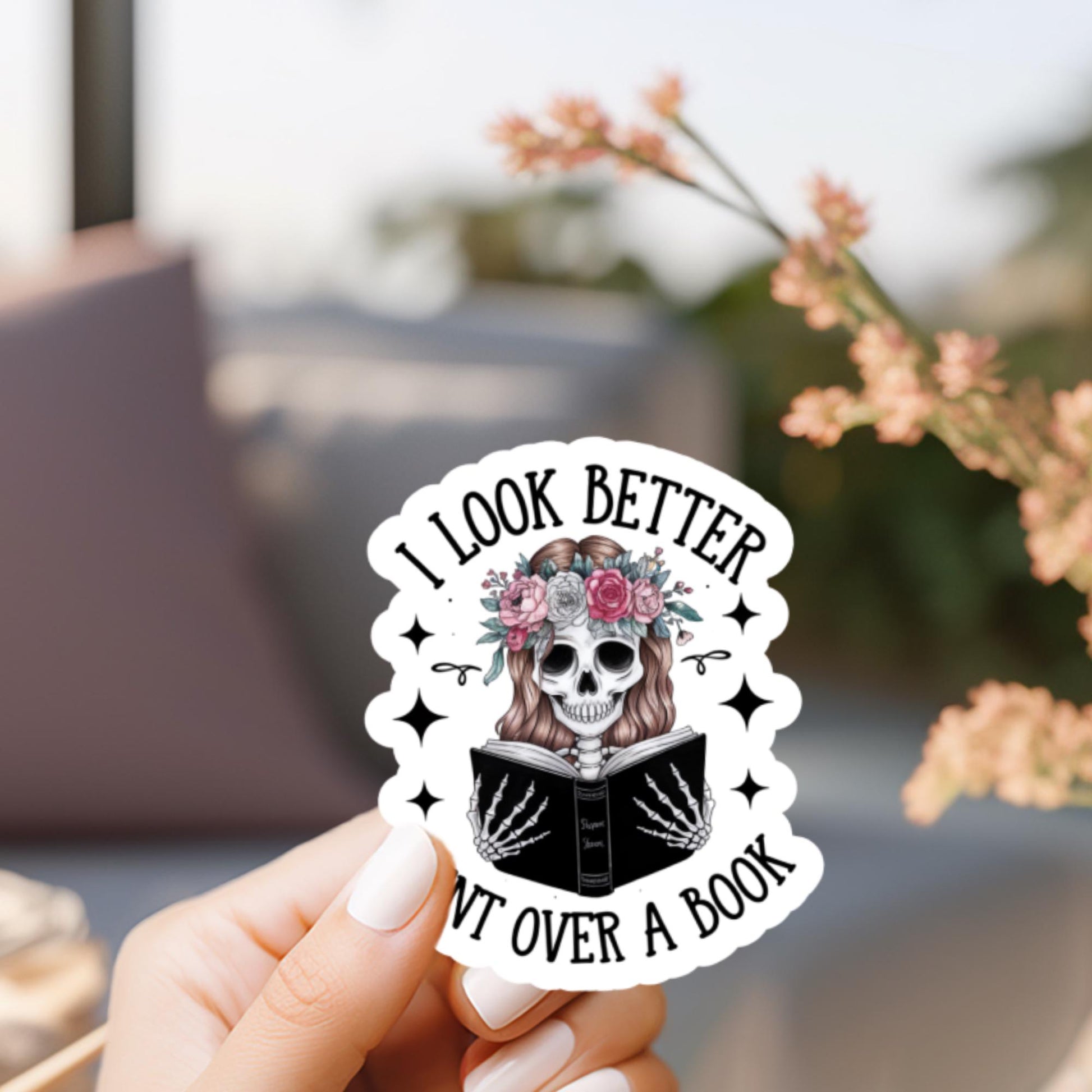 Gothic Skull Sticker, Floral Crown, Book Lover, Vinyl Decal, Laptop Decoration, Waterproof, Unique Gift Idea