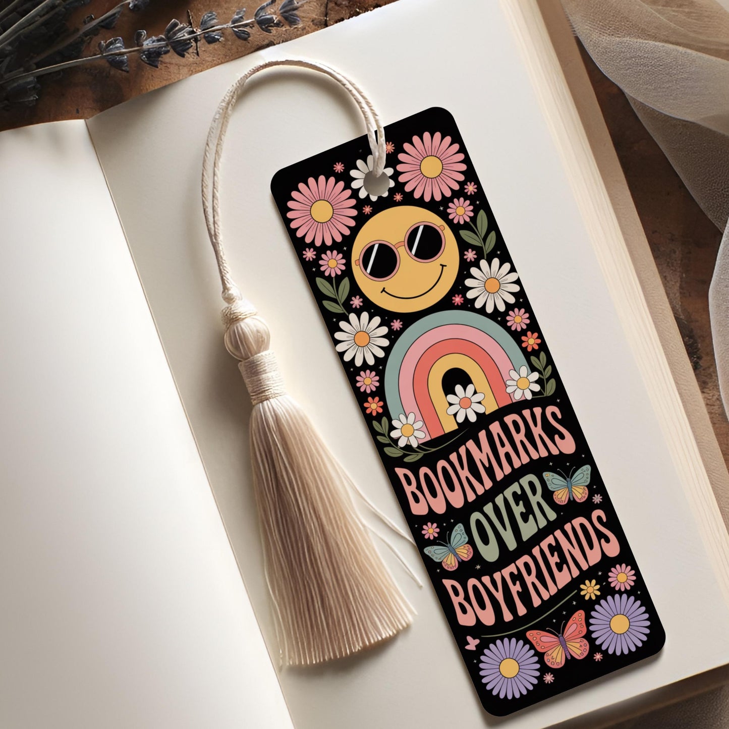 Colorful Smiley Face Bookmark with Rainbow, Floral Design, Book Lover Gift