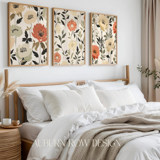 Floral Wall Art Prints, Set of 3, Modern Bedroom Decor, Beige and Red Flowers, Home Decoration