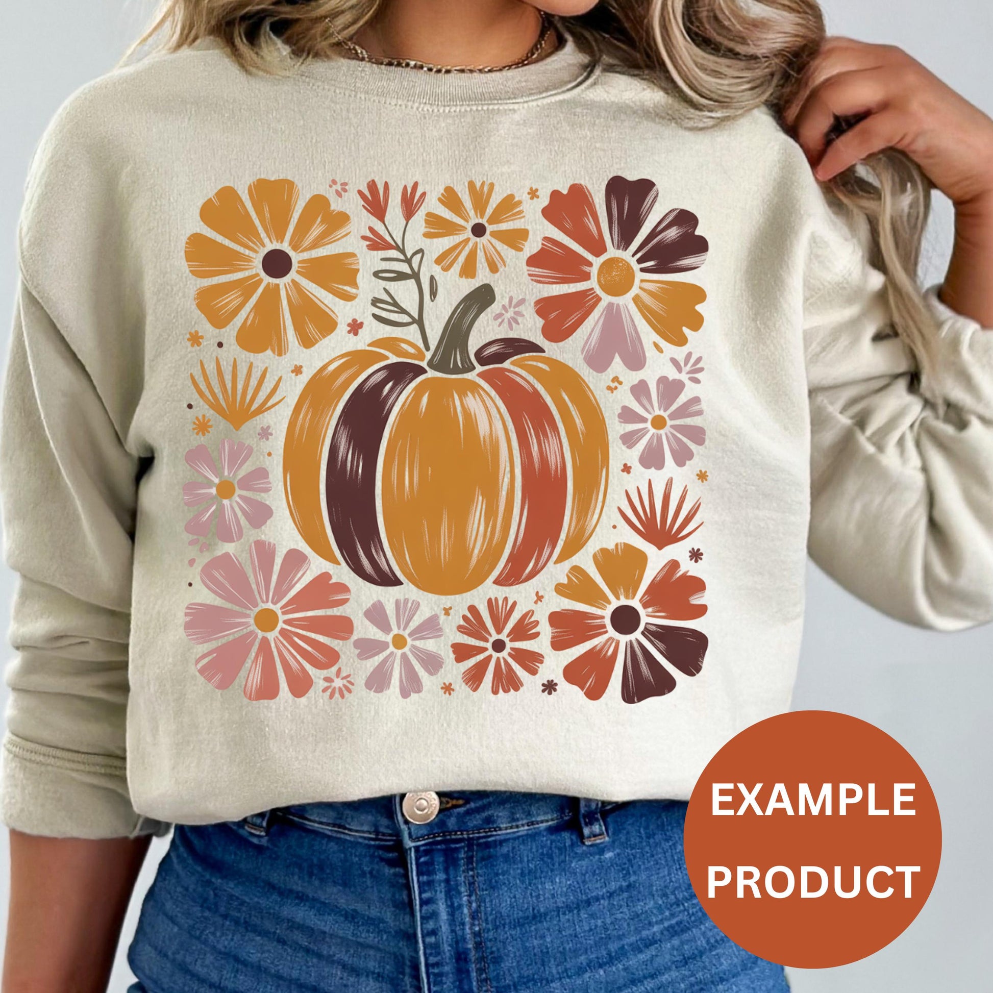 Autumn Pumpkin Floral Sweatshirt, Women's Fall Fashion Top, Cozy Thanksgiving Pullover, Casual Wear