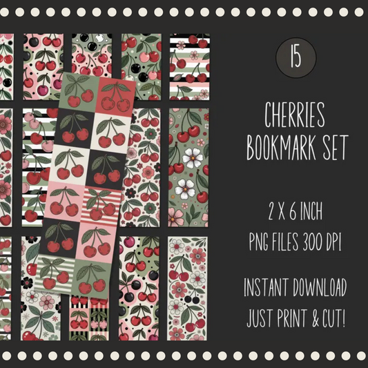 Cherry Pattern Bookmark Set, Digital Download, Printable Fruit Design, 2x6 Inch, Craft Supplies, Gift for Readers, 300 DPI