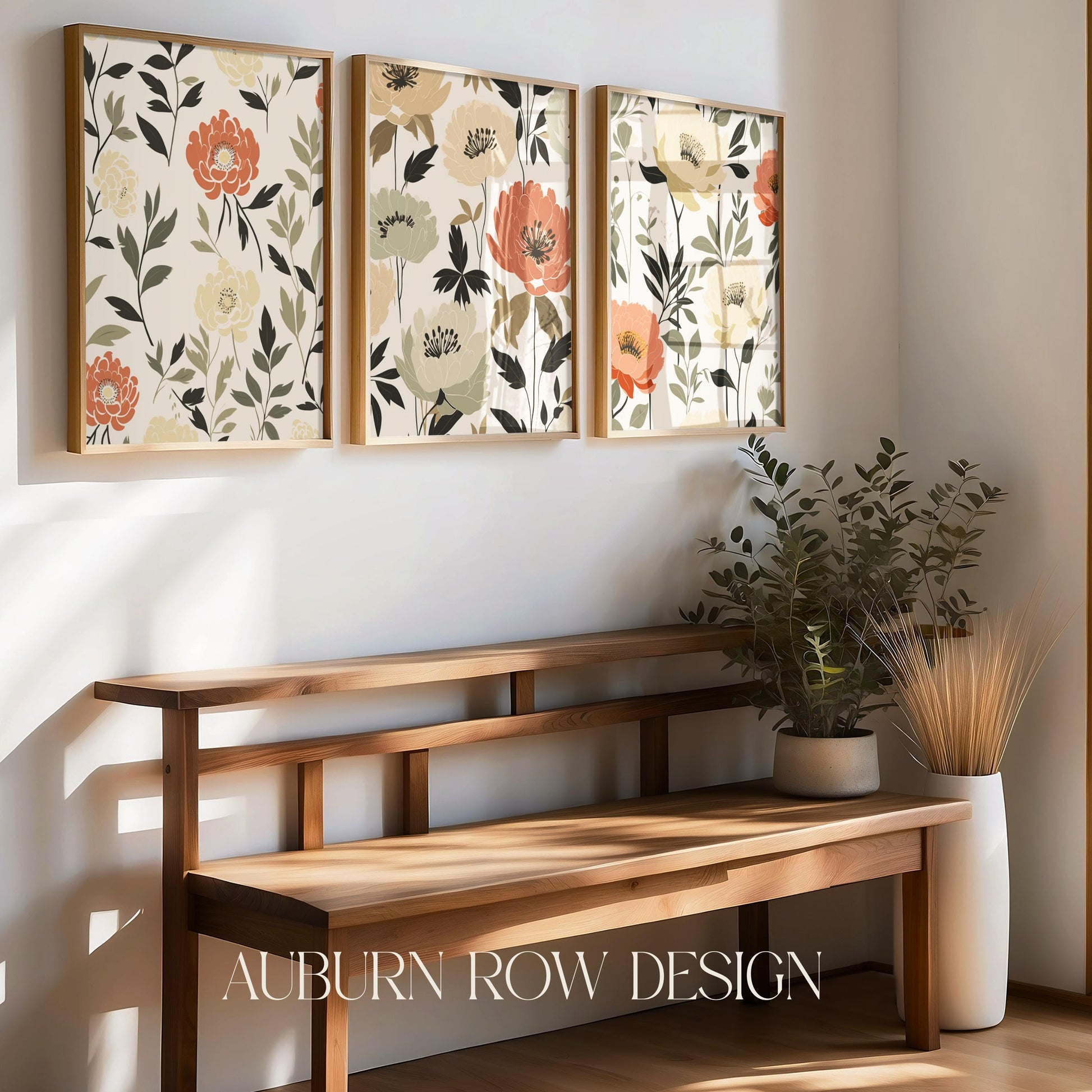 Floral Wall Art Prints, Botanical Home Decor, Set of Three Canvas Panels, Modern Living Room Decoration