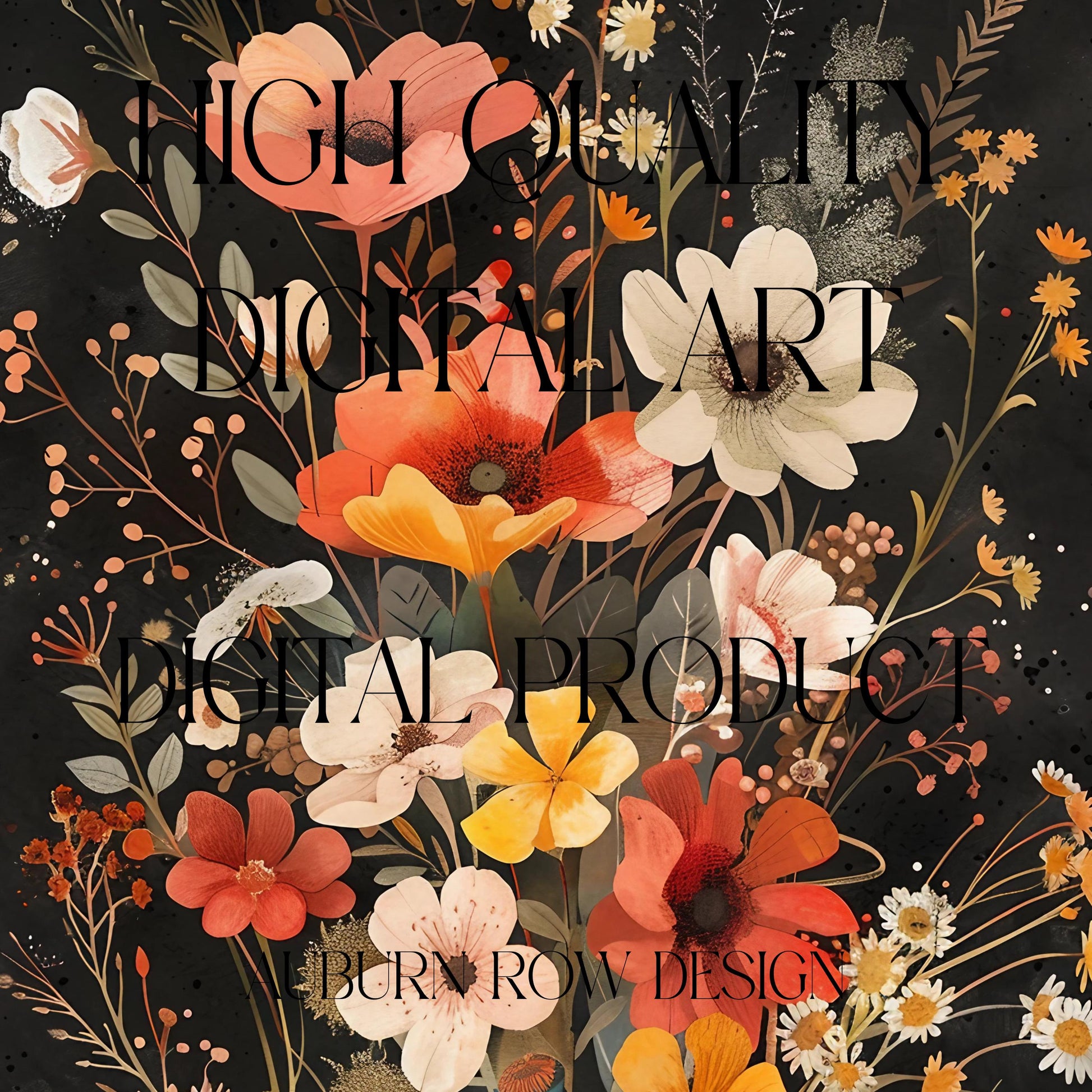 Floral Art Digital Print, Night Garden Flowers, Botanical Wall Decor, Vintage Style Illustration