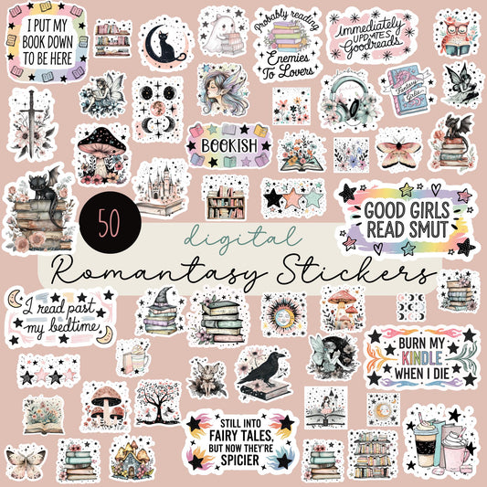 Romantic Fantasy Digital Sticker Pack, Book Lovers, Reading Quotes, Cute Animals, Floral Designs, Instant Download