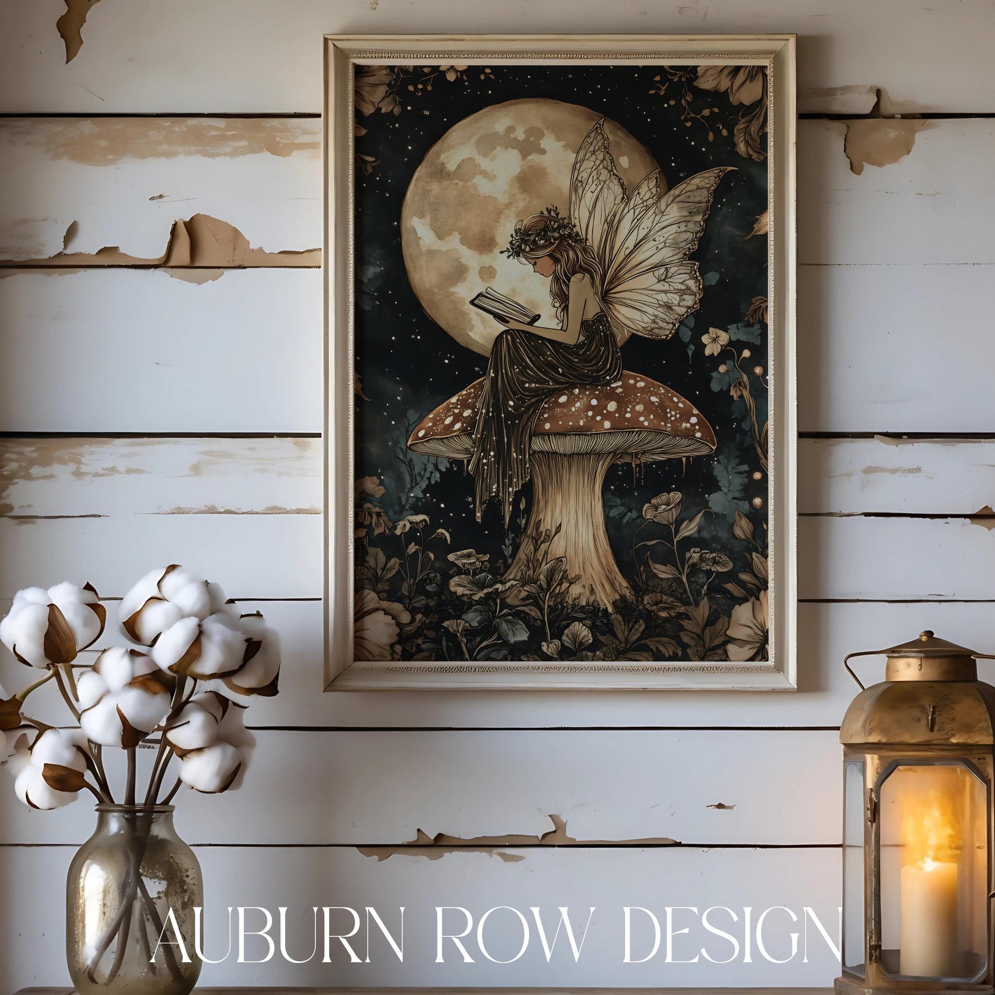 Vintage Fairy Wall Art, Mushroom Fantasy Print, Moonlit Night, Mystical Home Decor, Enchanted Forest Painting