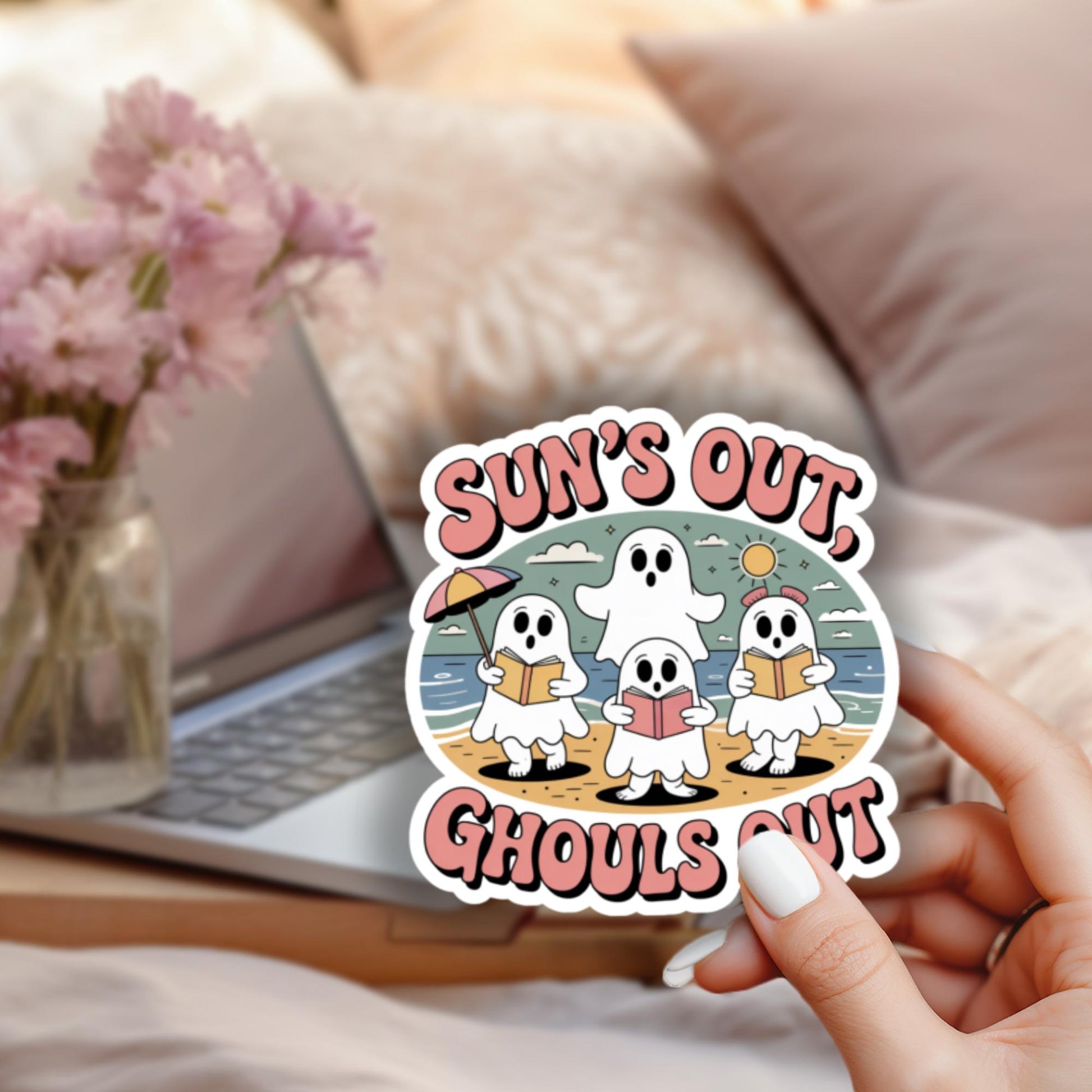 Sun's Out Ghouls Out Sticker, Cute Ghost Beach Scene, Laptop Decal, Waterproof Vinyl, Summer Themed, Cartoon Ghosts, Outdoor Safe