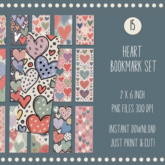 Heart Bookmark Set Digital Download, Printable 2x6 inch, Colorful PNG Files, Craft Supplies, Instant Access