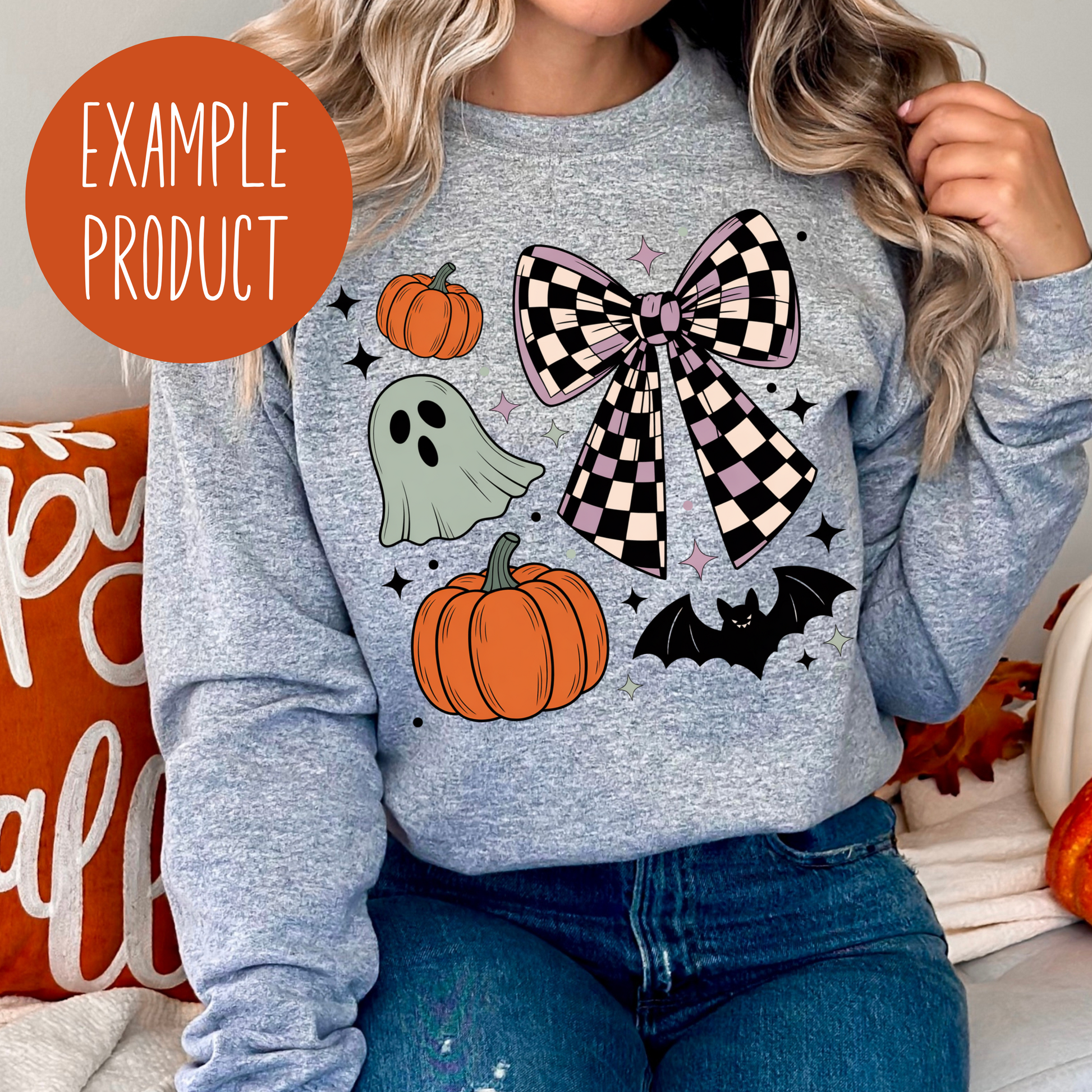 Women's Halloween Sweatshirt, Cute Ghost and Pumpkin, Buffalo Plaid Bow, Fall Fashion, Cozy Autumn Pullover, Casual Outfit