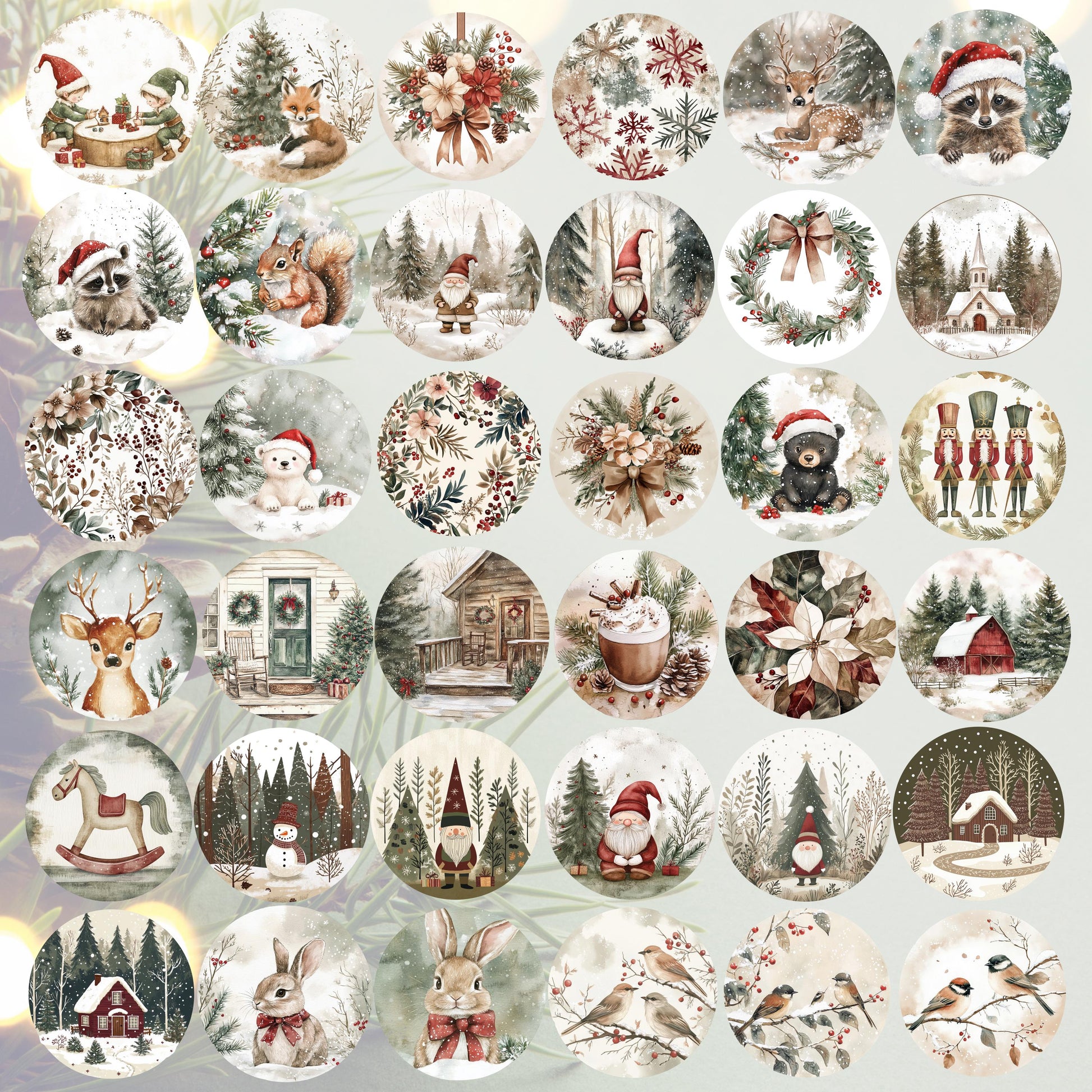 Vintage Christmas Sticker Set, Santa Claus, Snowman, Reindeer, Holiday Decorations, Festive Stationery