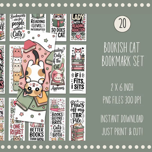 Bookish Cat and Dog Bookmark Set, Printable Instant Download, Cute Reading Accessories, 2x6 inch, 300 DPI PNG Files
